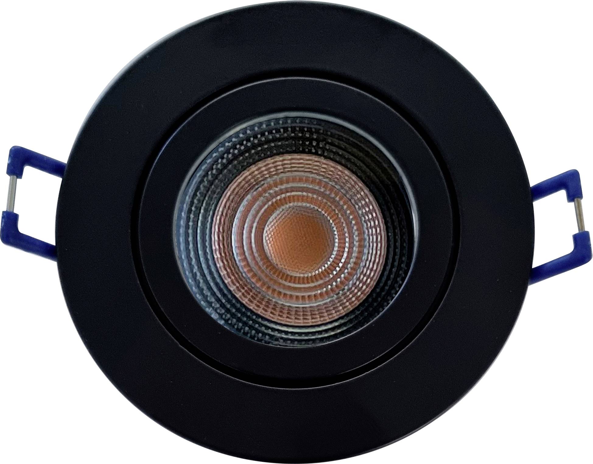 Runde Einbauleuchte mit schwarzem Rahmen und reflektierendem inneren Ring, geeignet für moderne Deckenanwendungen.