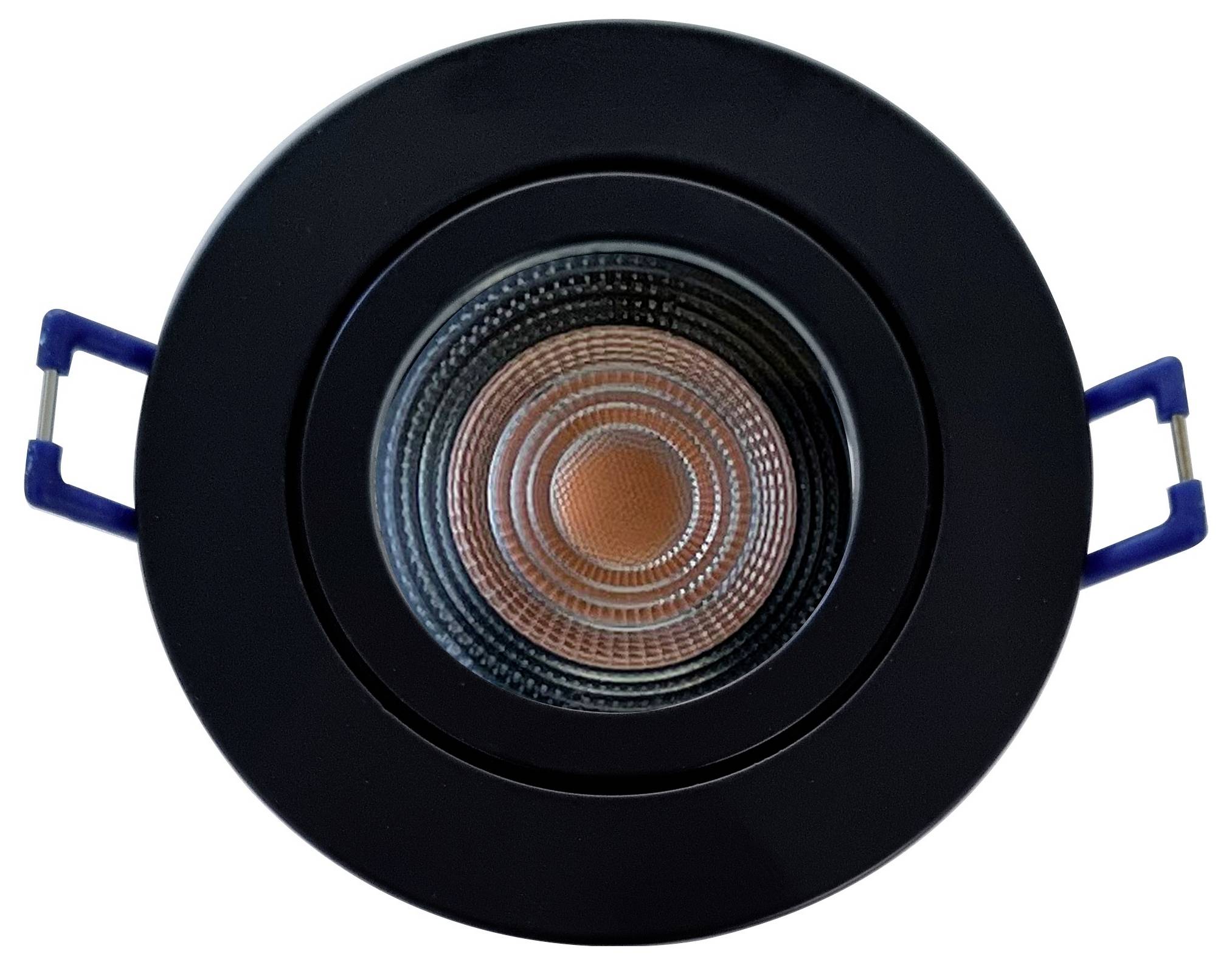 Schwarzer LED-Deckenspot mit runder Linse und blauen Halteclips.