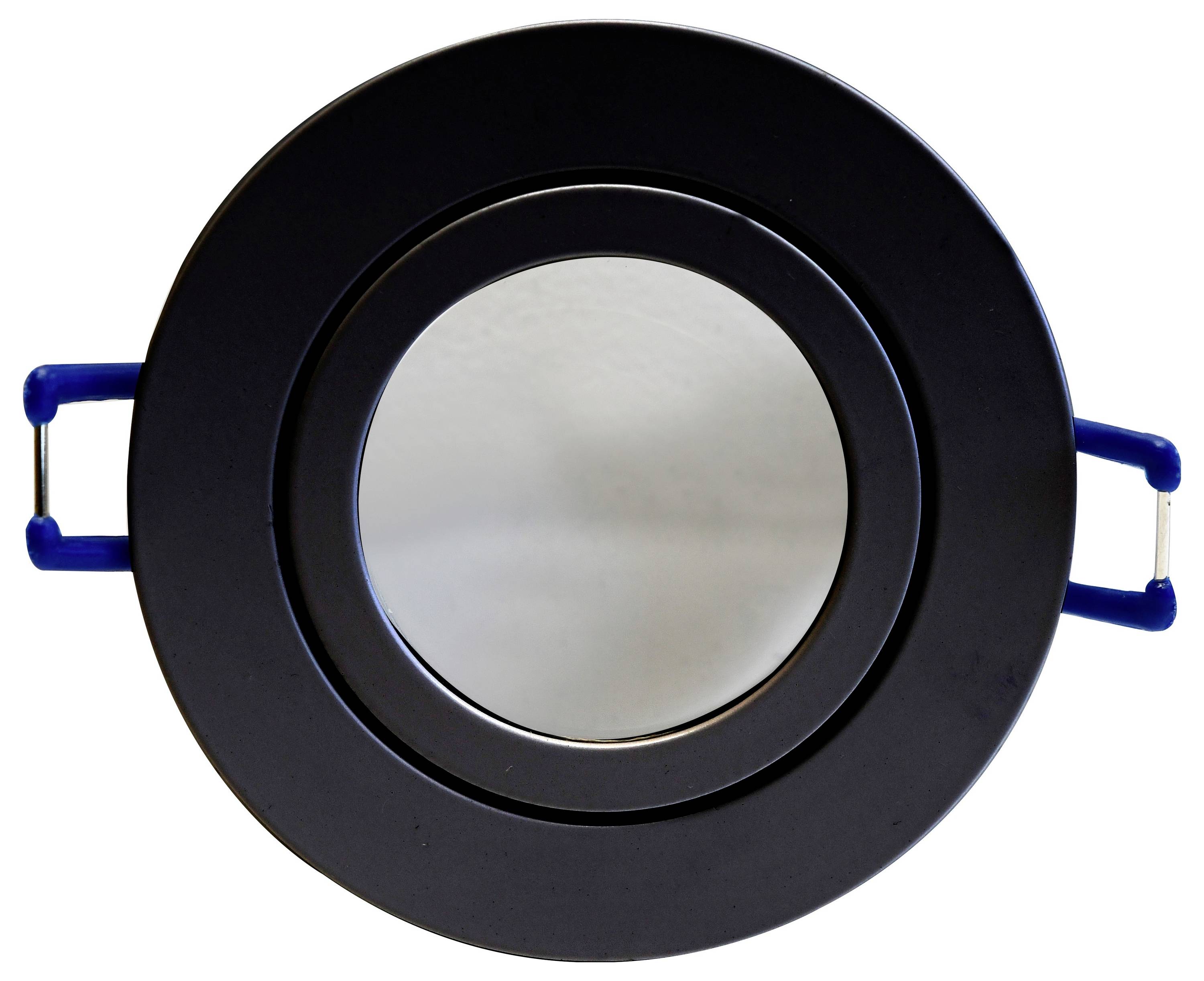 Ein runder, schwarzer Spiegel mit blauen Griffen auf beiden Seiten, vor einem hellen Hintergrund.