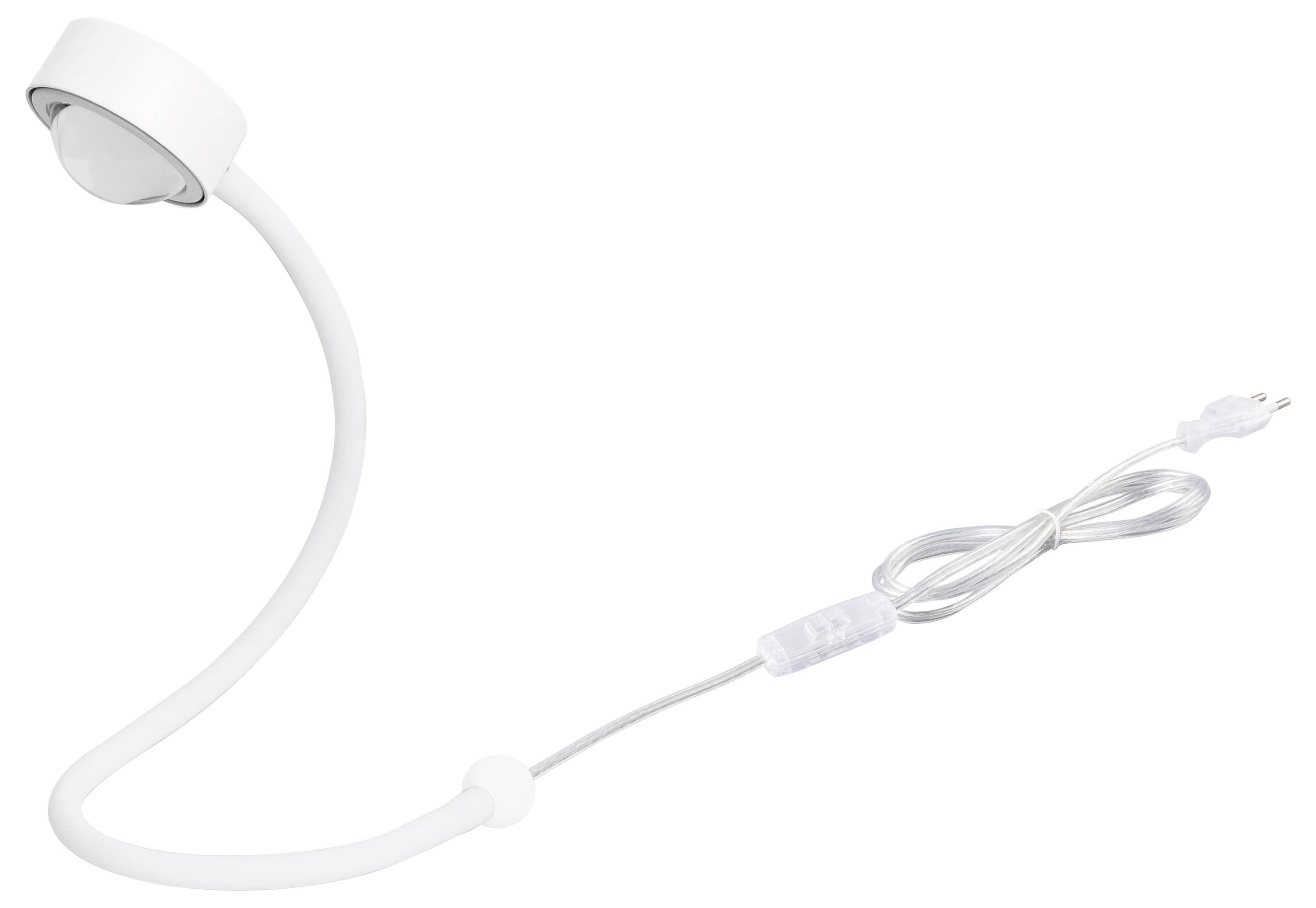 Flexible, weiße LED-Schreibtischlampe mit verstellbarem Hals und transparentem Kabel mit Steckdosenanschluss. Ideal für gezielte Beleuchtung.