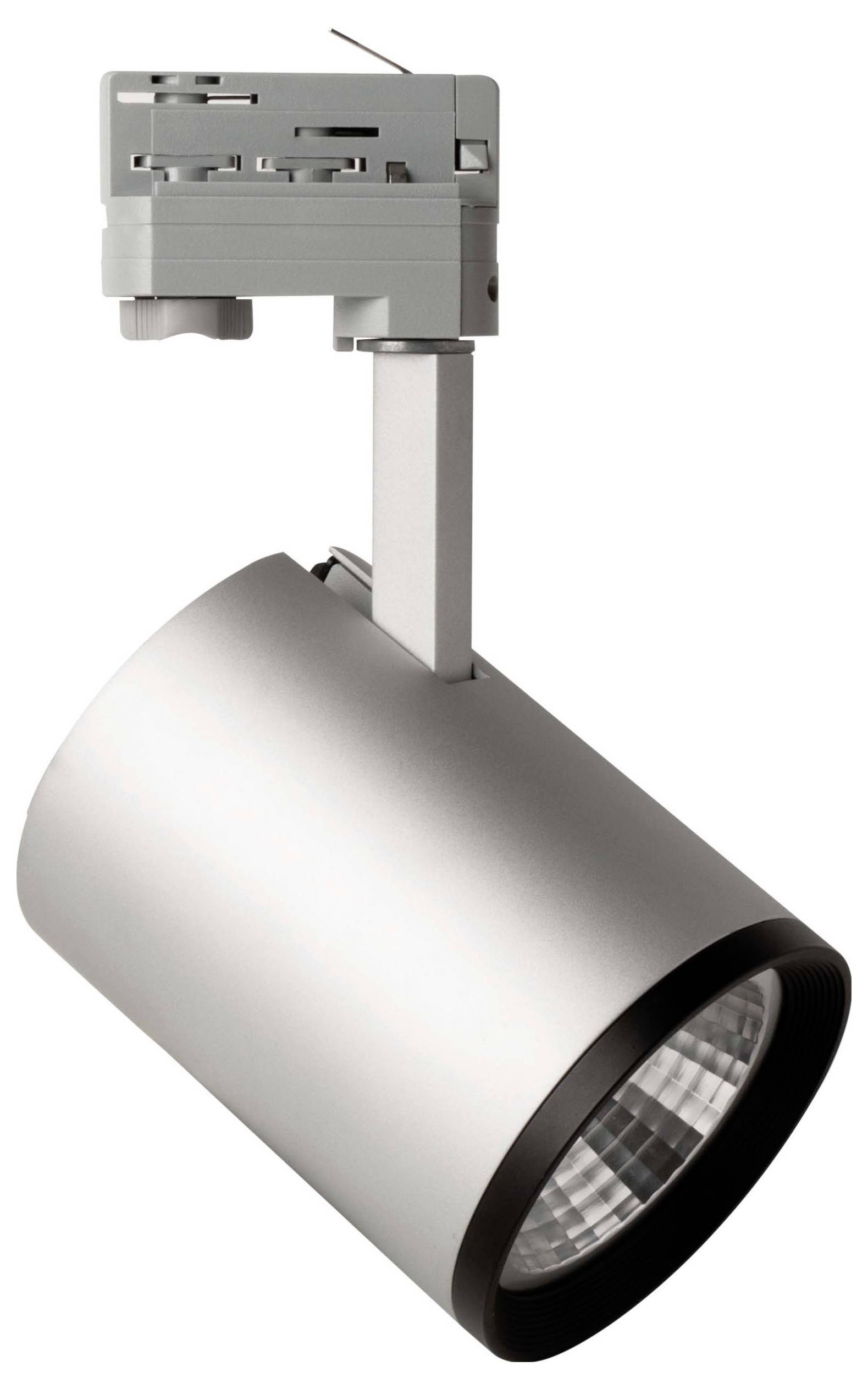 Silberner LED-Strahler für Schienensysteme, zylindrische Form, schwarzes Detail am Rand, geeignet für gezielte Beleuchtung.