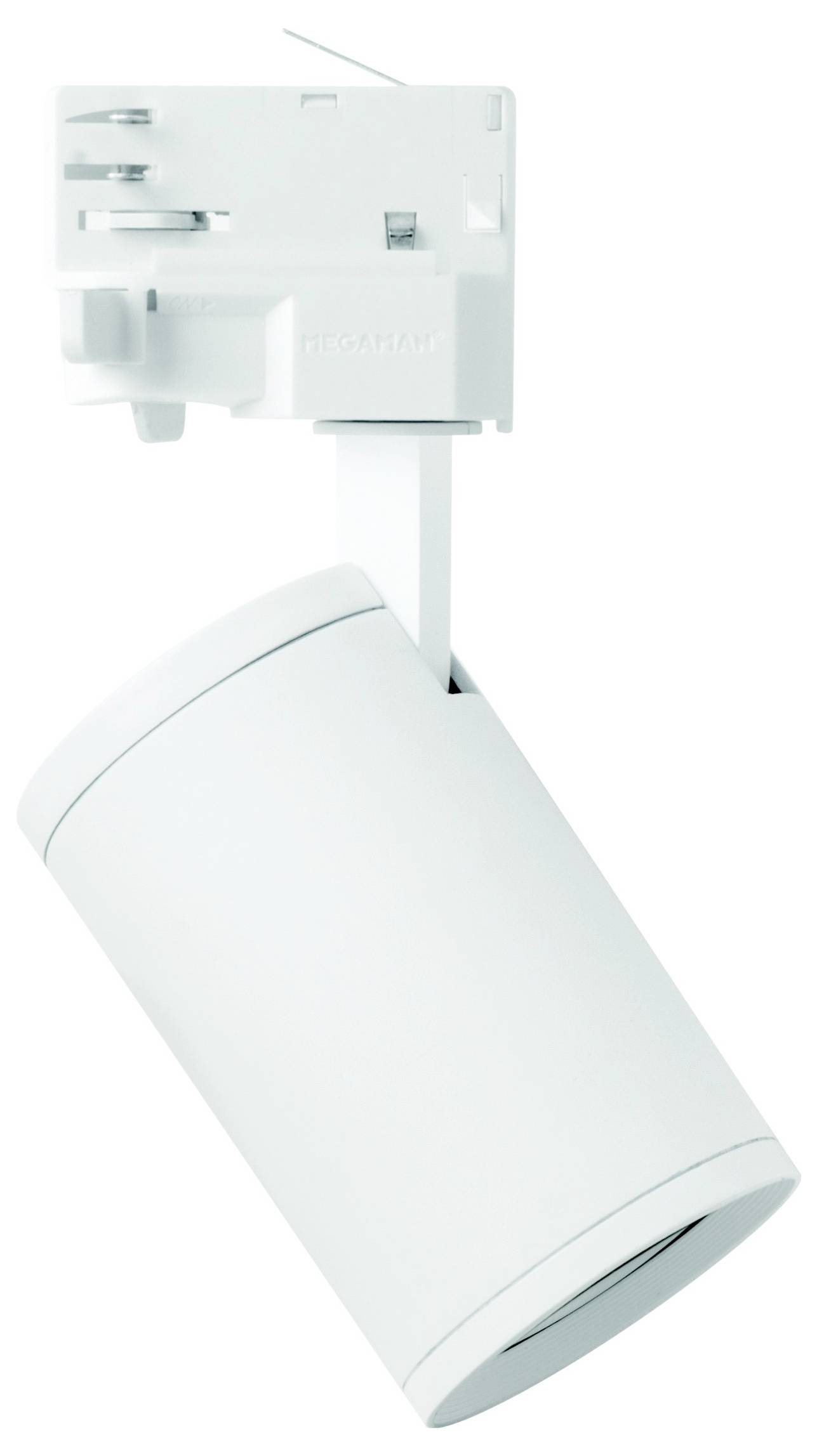 Weiße LED-Deckenleuchte mit zylindrischem Gehäuse und verstellbarem Haltearm für Schienenmontage.