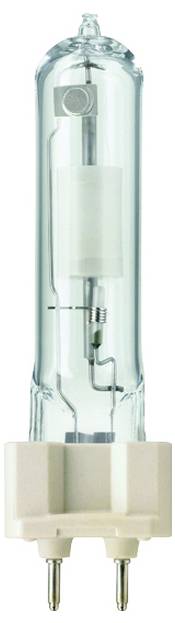 Eine transparente Halogenlampe mit zylindrischer Form und zwei Metallstiften am Sockel, geeignet für High-Intensity-Discharge-Beleuchtung.