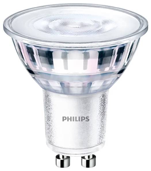 Eine LED-Lampe mit GU10-Sockel von Philips, silberfarben, für energieeffiziente Beleuchtung in Wohn- und Geschäftsräumen geeignet.