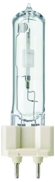 Eine klare, zylindrische Halogenlampe mit zwei Metallstiften zur Verbindung an der Basis, geeignet für starke Beleuchtung.