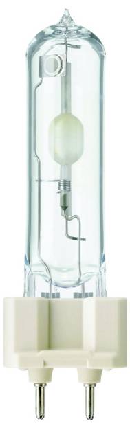 Halogen-Metalldampflampe in zylindrischer Form mit weißen Sockelkontakten, geeignet für professionelle Beleuchtungszwecke.