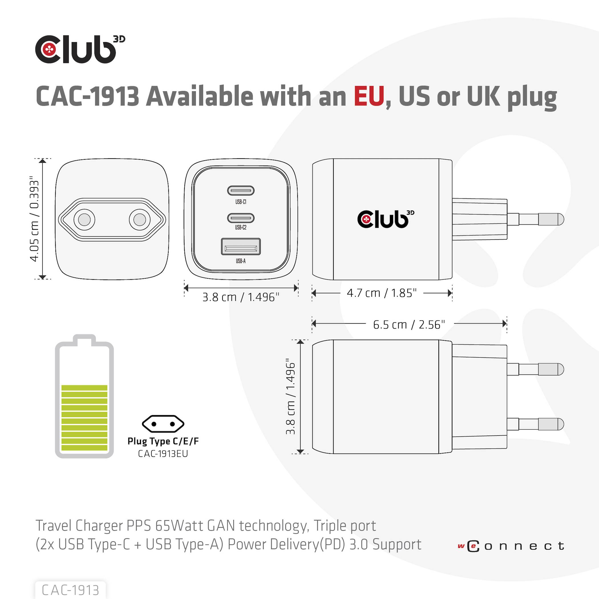 Club3D CAC-1913EU USB Ladegerät 65W 1x USB-A, 2x USB-C® USB PD 3.0, USB PD Schwarz