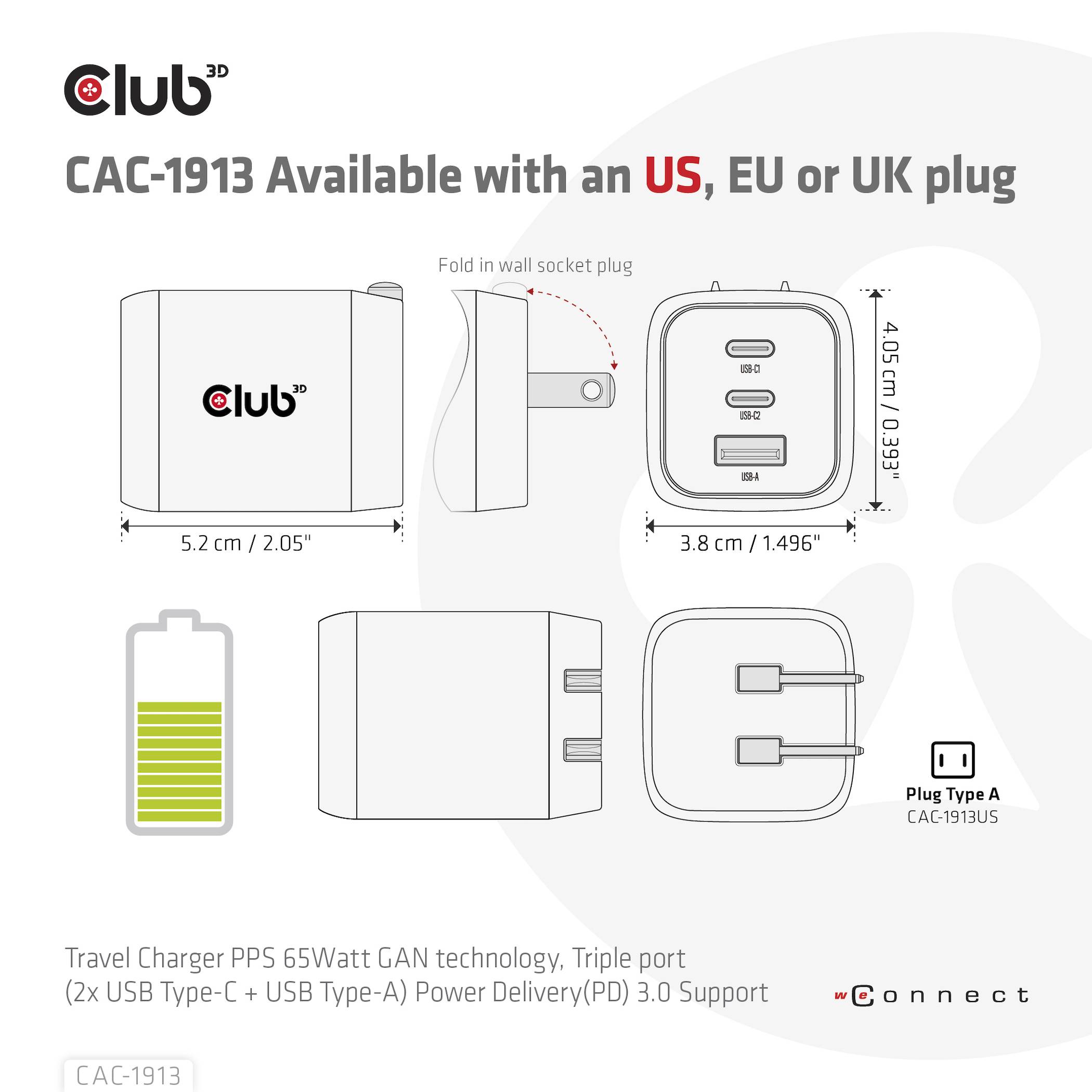 Club3D CAC-1913EU USB Ladegerät 65W 1x USB-A, 2x USB-C® USB PD 3.0, USB PD Schwarz
