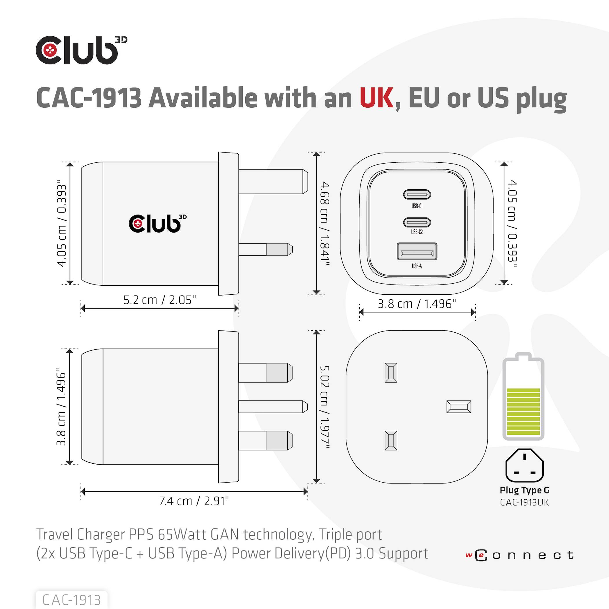 Club3D CAC-1913EU USB Ladegerät 65W 1x USB-A, 2x USB-C® USB PD 3.0, USB PD Schwarz
