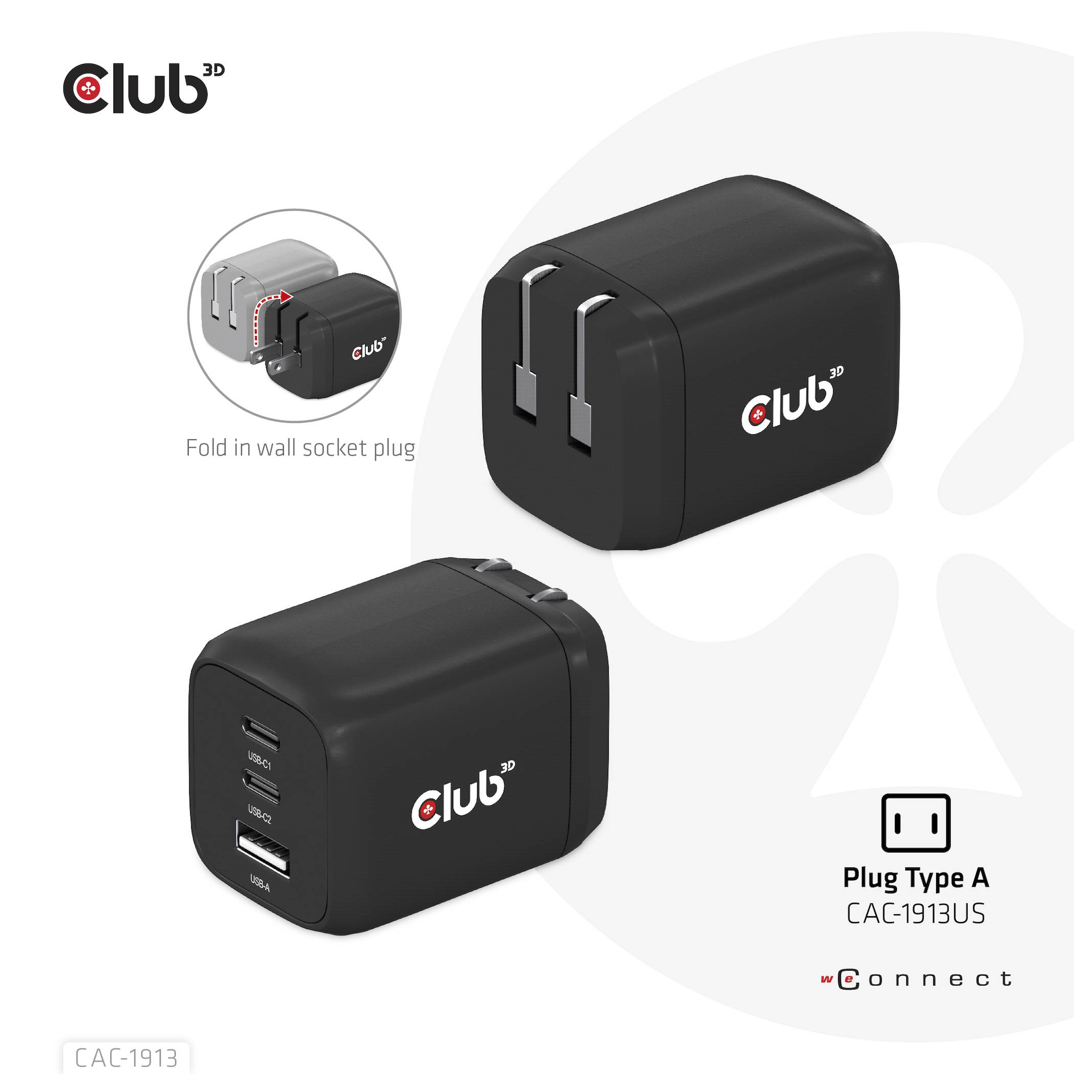 Club3D CAC-1913EU USB Ladegerät 65W 1x USB-A, 2x USB-C® USB PD 3.0, USB PD Schwarz