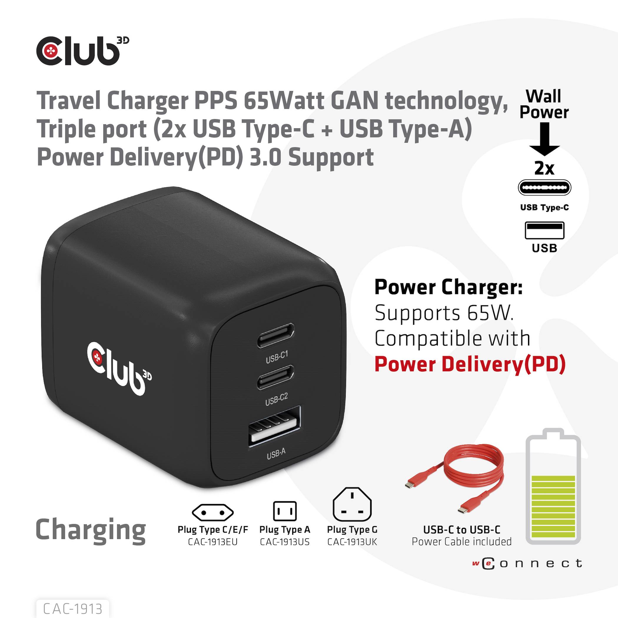 Club3D CAC-1913EU USB Ladegerät 65W 1x USB-A, 2x USB-C® USB PD 3.0, USB PD Schwarz