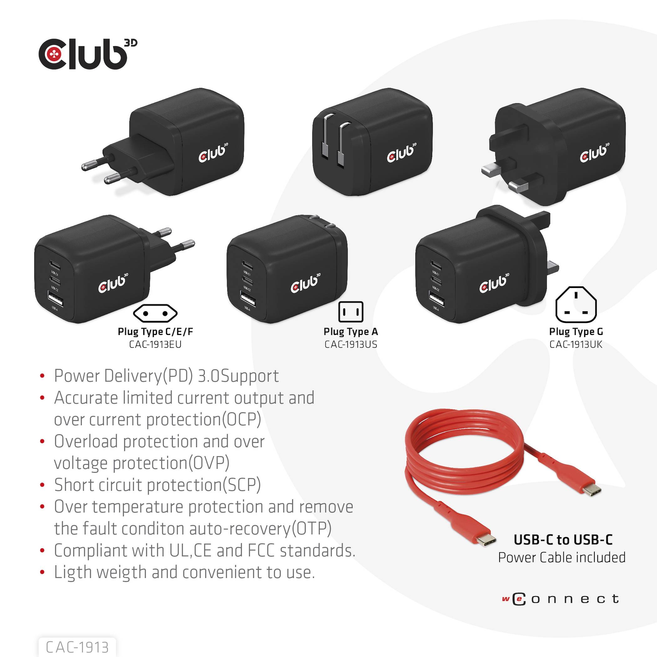 Club3D CAC-1913EU USB Ladegerät 65W 1x USB-A, 2x USB-C® USB PD 3.0, USB PD Schwarz