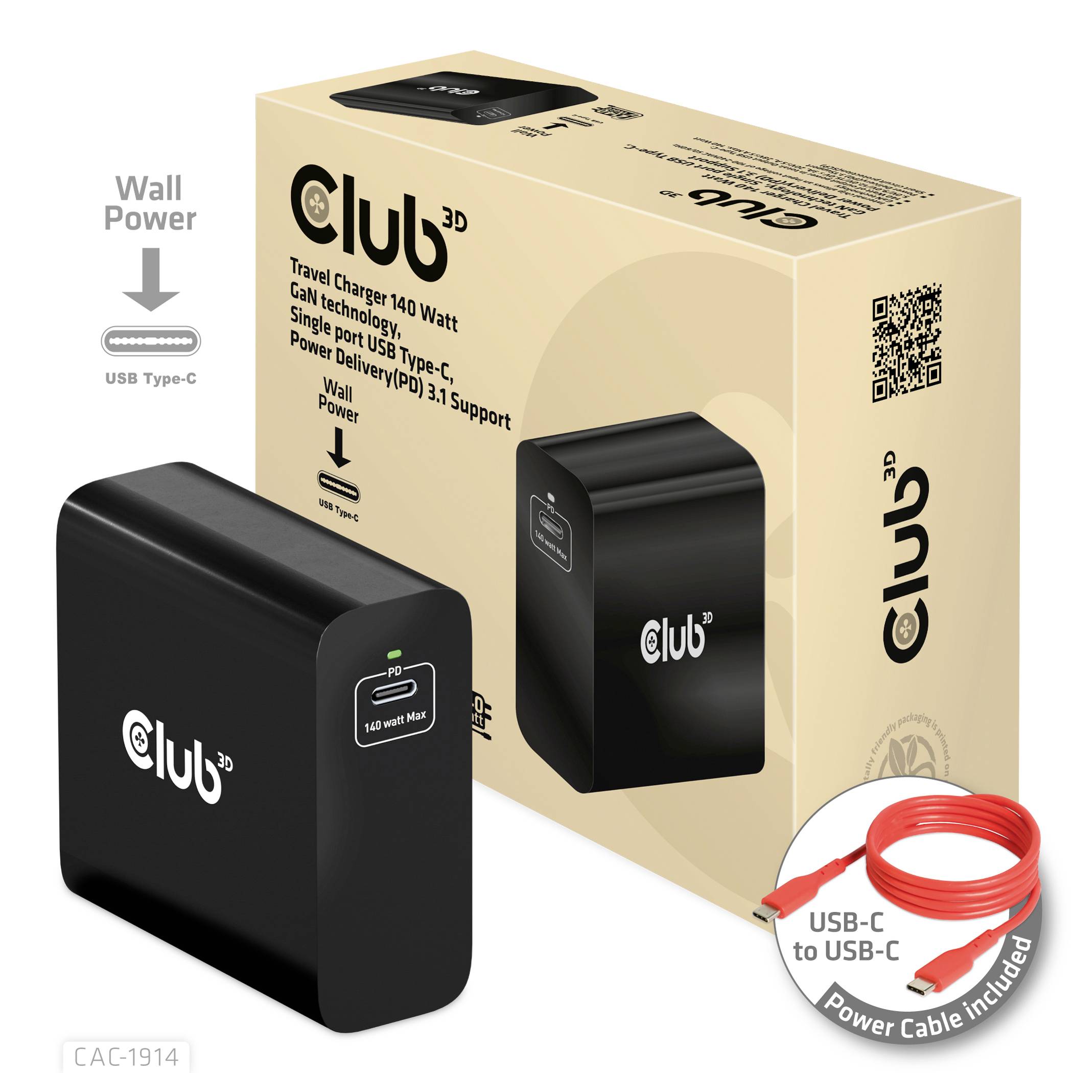 Club3D CAC-1914EU USB Ladegerät 140W 1x USB-C® USB PD 3.1, USB PD Schwarz GaN