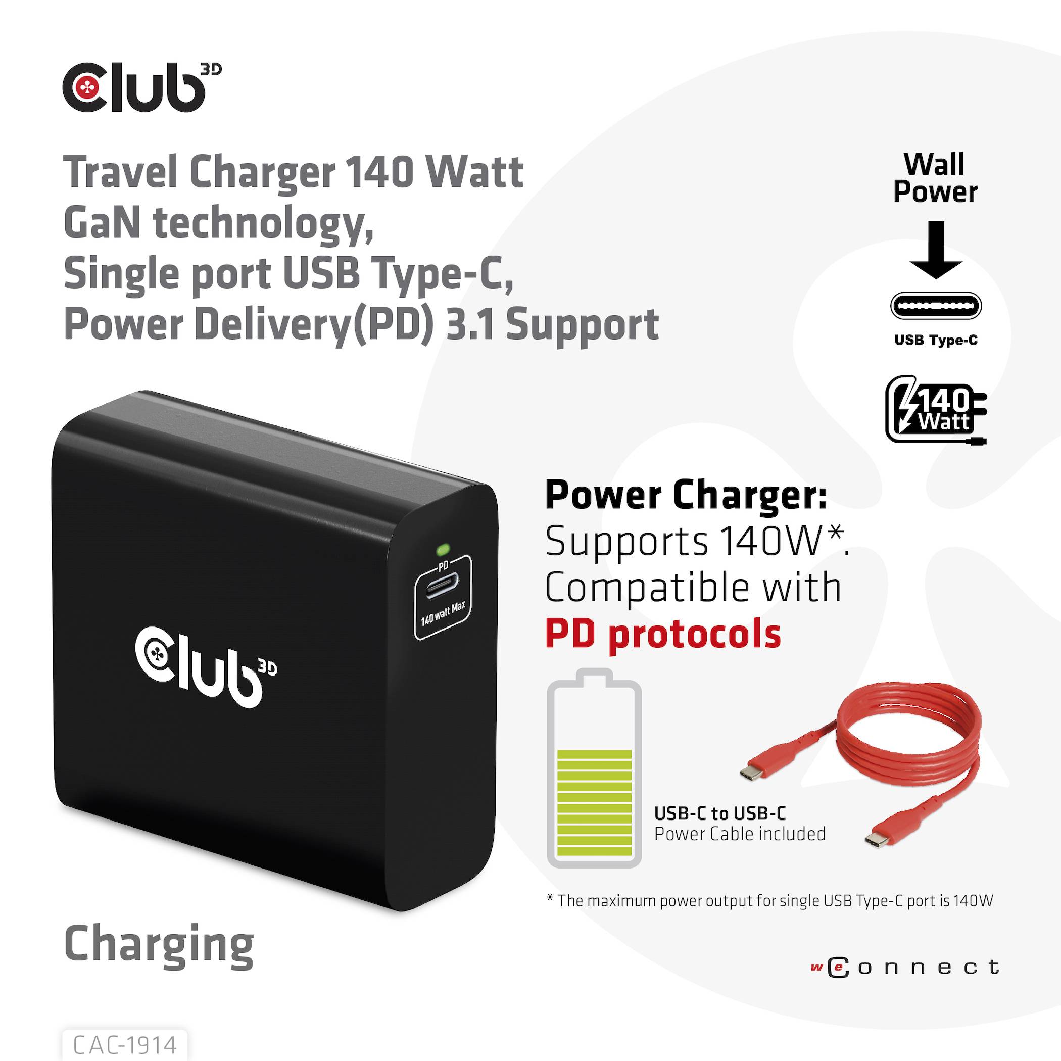 Club3D CAC-1914EU USB Ladegerät 140W 1x USB-C® USB PD 3.1, USB PD Schwarz GaN