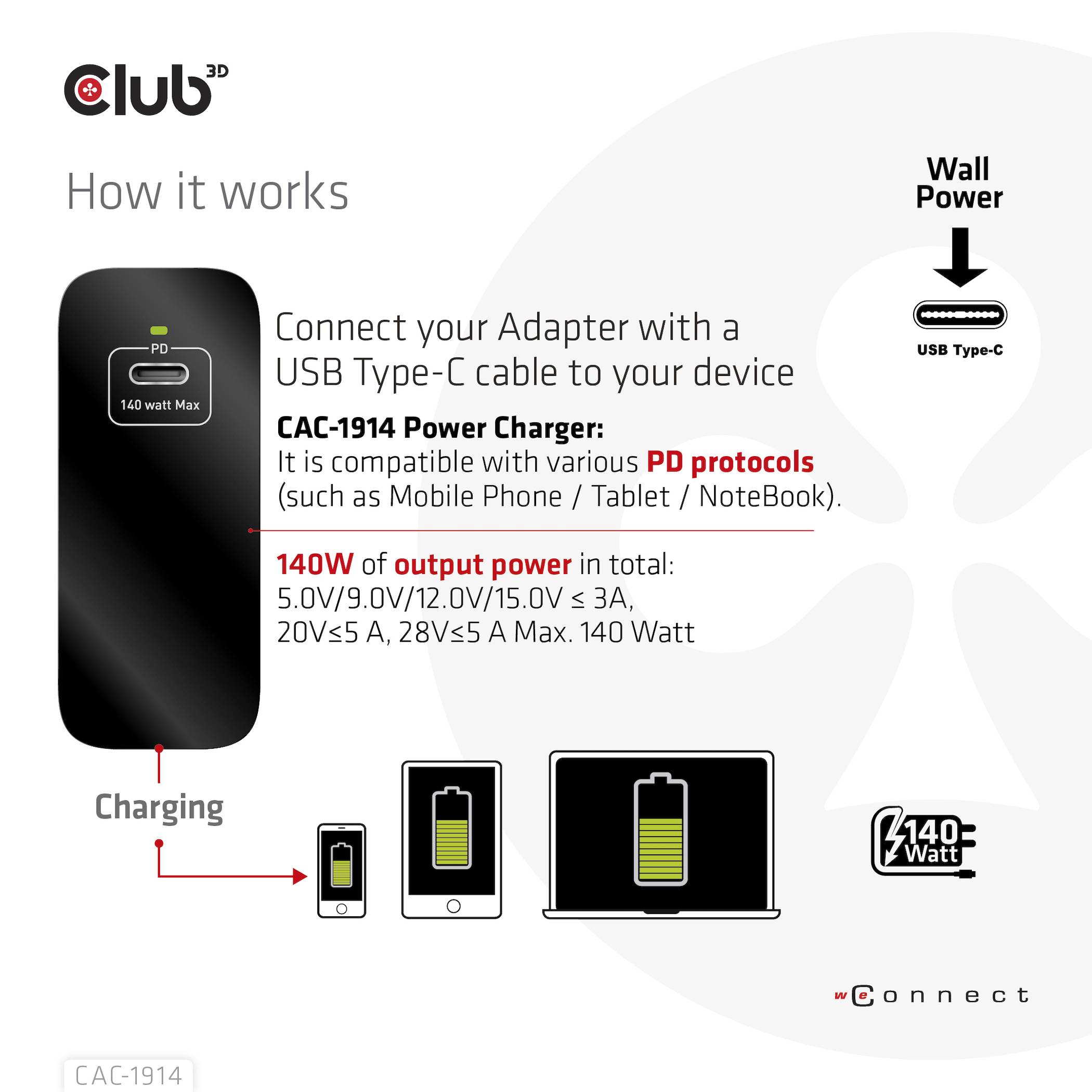 Club3D CAC-1914EU USB Ladegerät 140W 1x USB-C® USB PD 3.1, USB PD Schwarz GaN