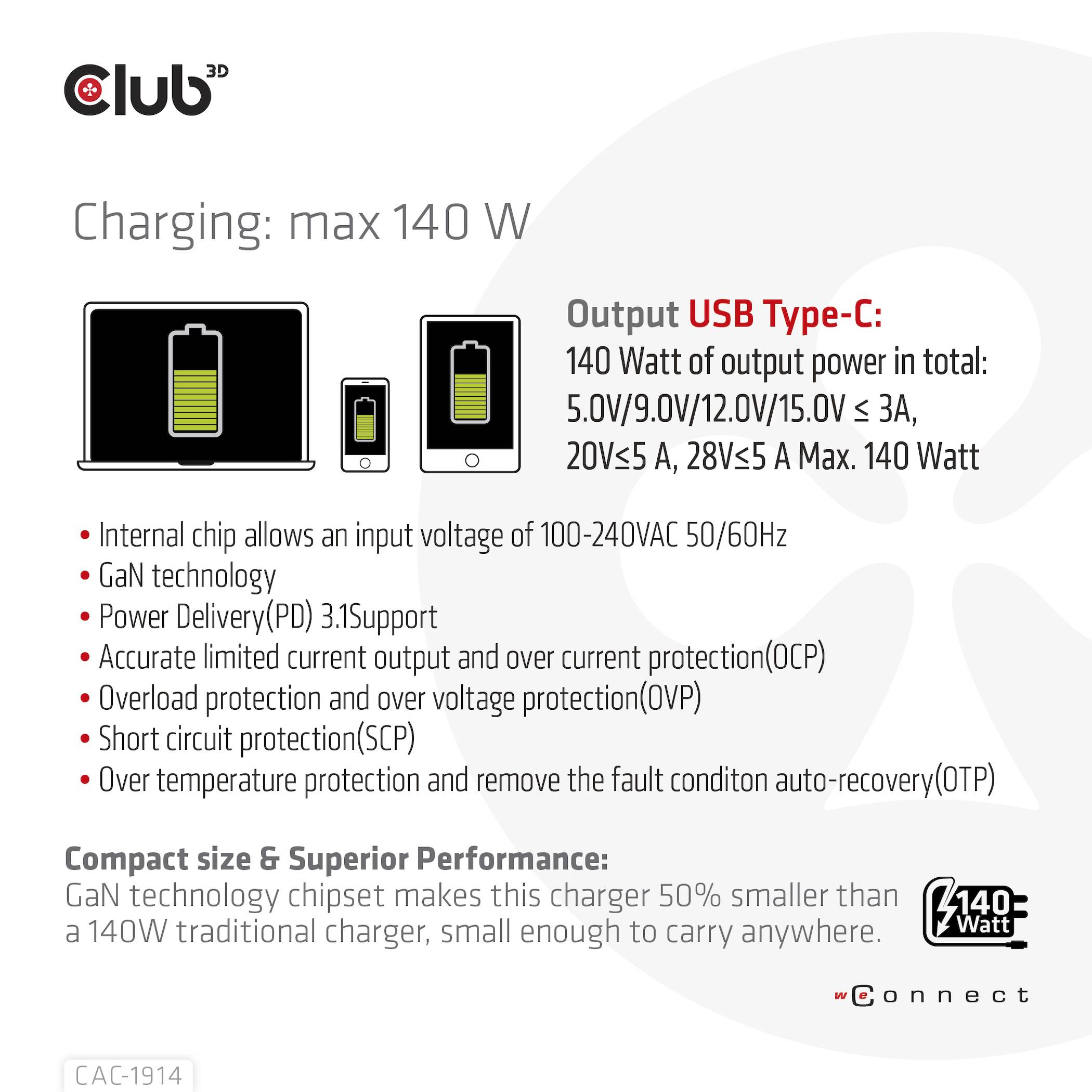 Club3D CAC-1914EU USB Ladegerät 140W 1x USB-C® USB PD 3.1, USB PD Schwarz GaN