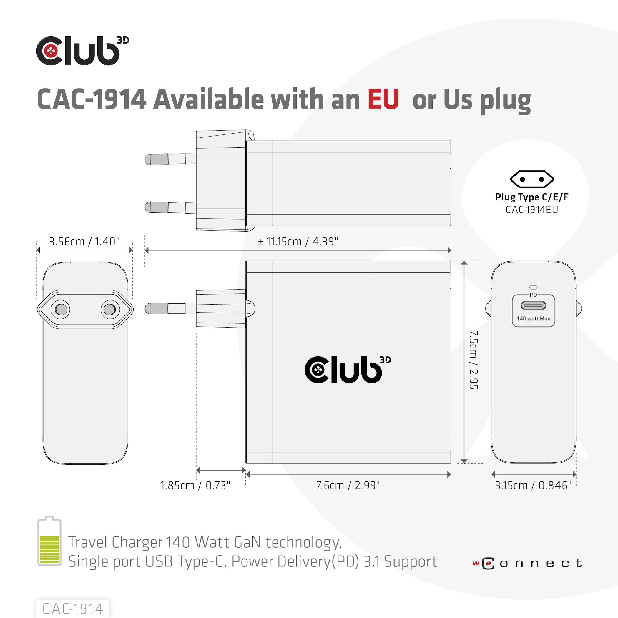 Club3D CAC-1914EU USB Ladegerät 140W 1x USB-C® USB PD 3.1, USB PD Schwarz GaN