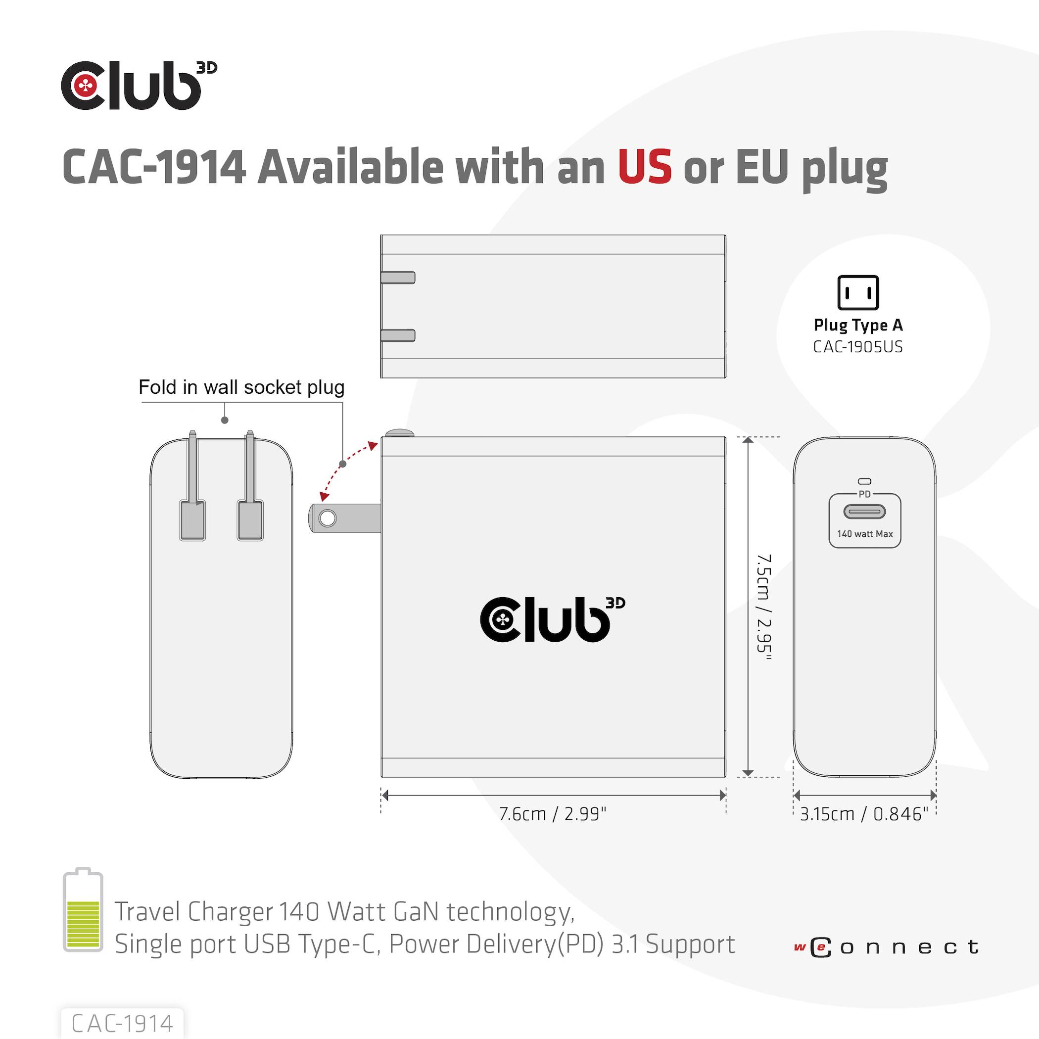 Club3D CAC-1914EU USB Ladegerät 140W 1x USB-C® USB PD 3.1, USB PD Schwarz GaN