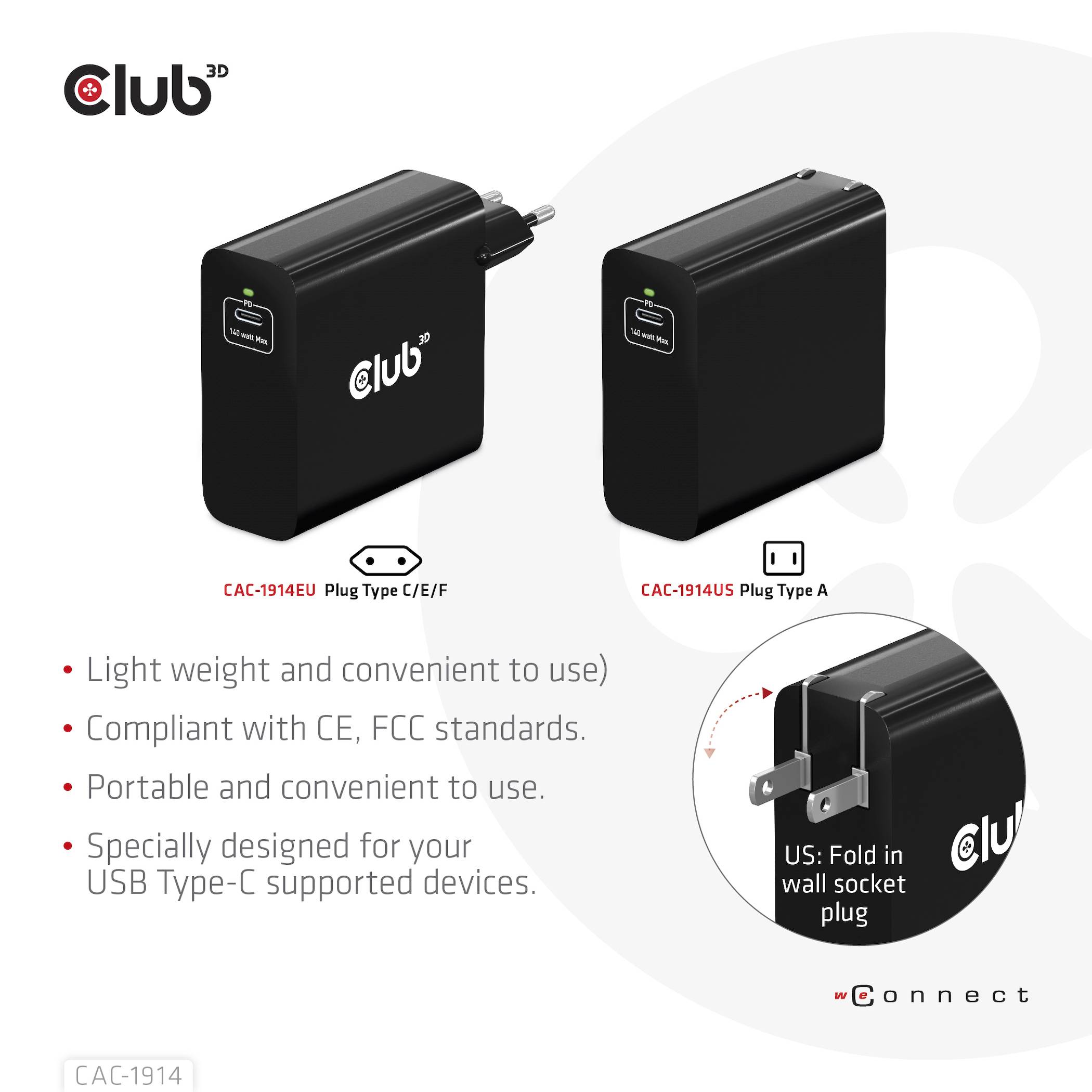 Club3D CAC-1914EU USB Ladegerät 140W 1x USB-C® USB PD 3.1, USB PD Schwarz GaN