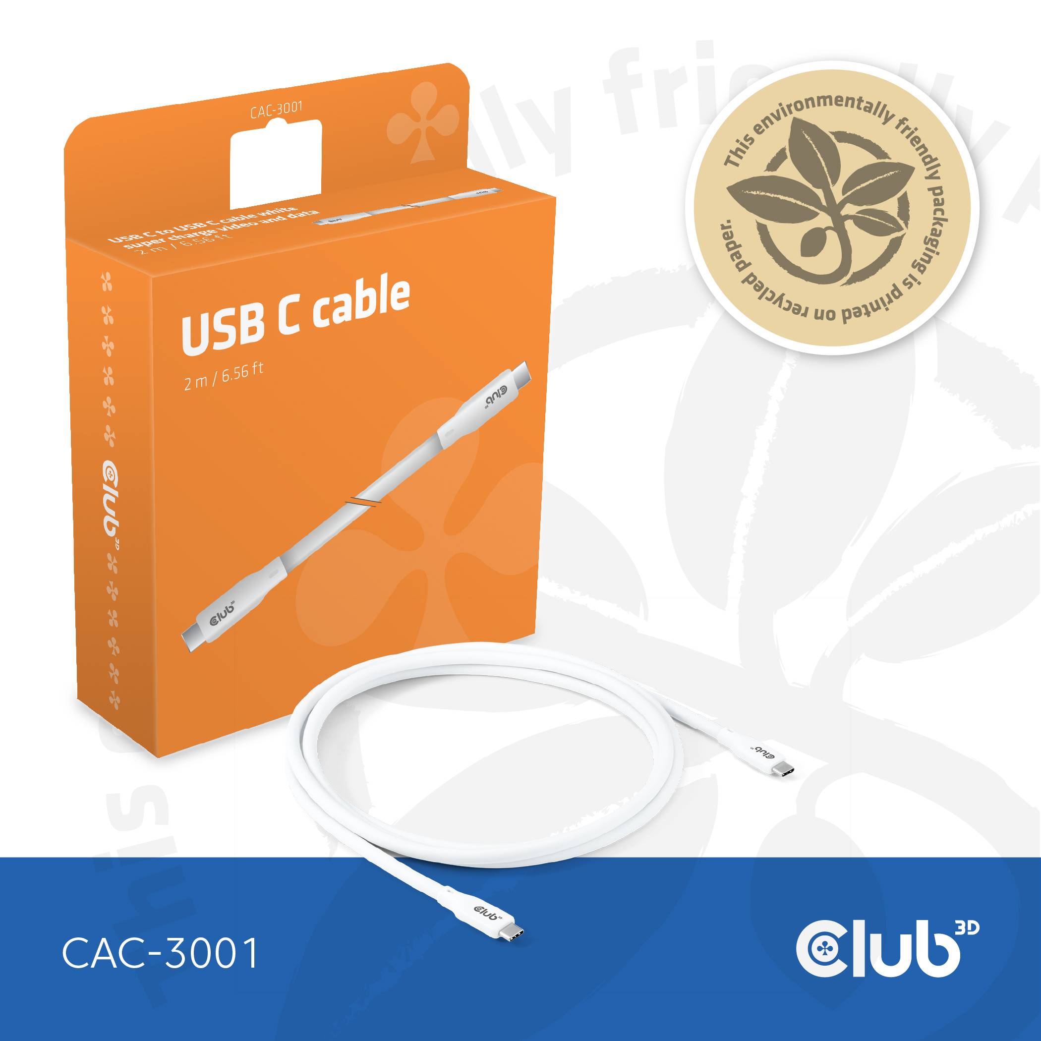 Club3D USB-C® Kabel USB-C® Stecker 2.00m Weiß CAC-3001