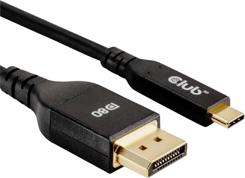 Zwei schwarze Kabel: links ein DisplayPort, rechts ein USB-C mit 'Club3D'-Logo. Sie sind für Computerbildschirme und Notebooks geeignet.