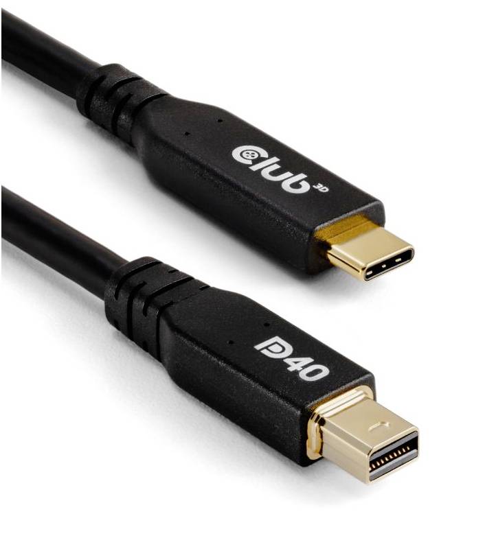 Ein schwarzes Kabel mit zwei Anschlüssen: USB-C auf der einen Seite und Mini DisplayPort (D40) auf der anderen Seite.