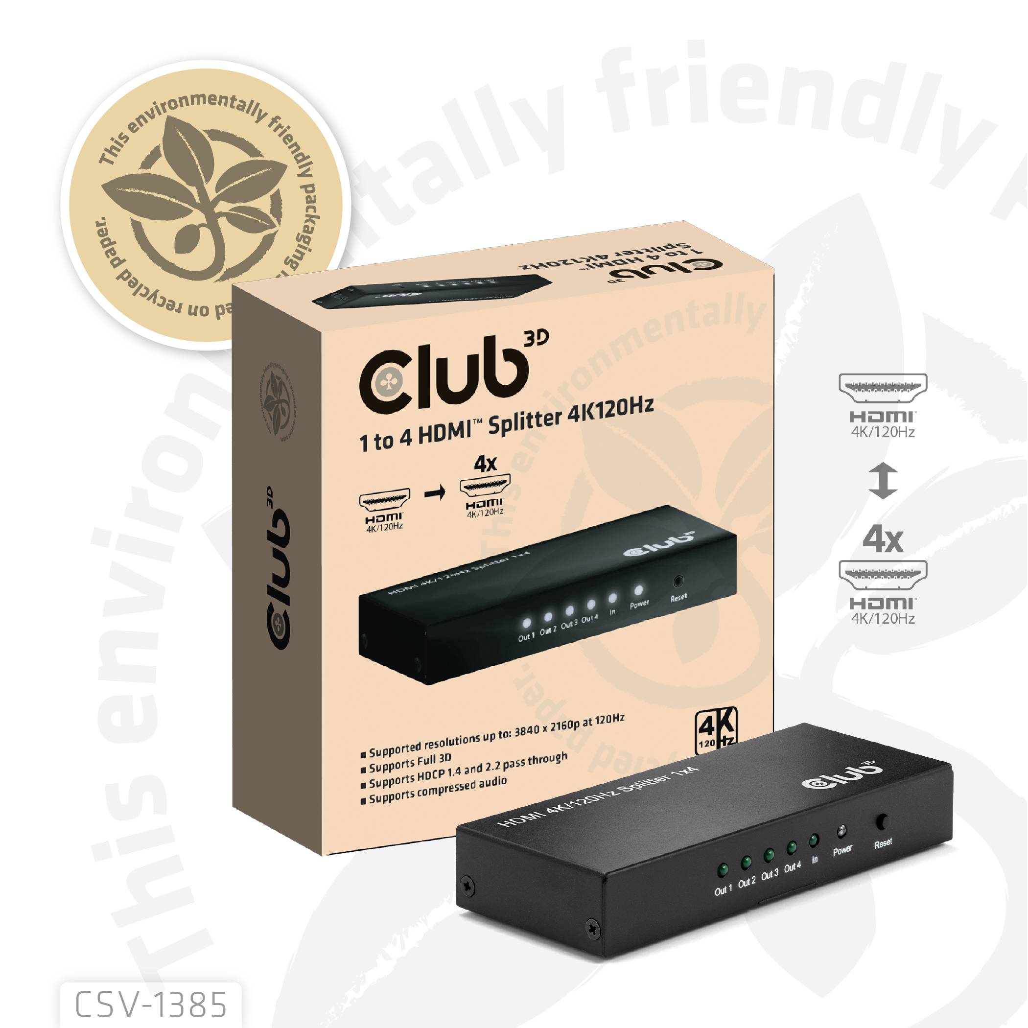 Club3D CSV-1385 HDMI Adapter [1x HDMI-Buchse - 4x HDMI-Buchse] Schwarz