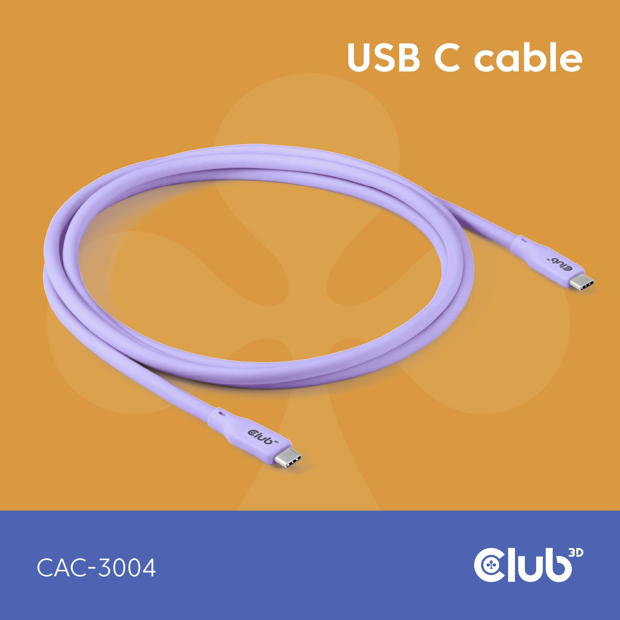 Lila USB-C-Kabel auf einem gelben Hintergrund mit der Aufschrift 'USB C cable' oben rechts und 'CAC-3004 Club3D' unten links.