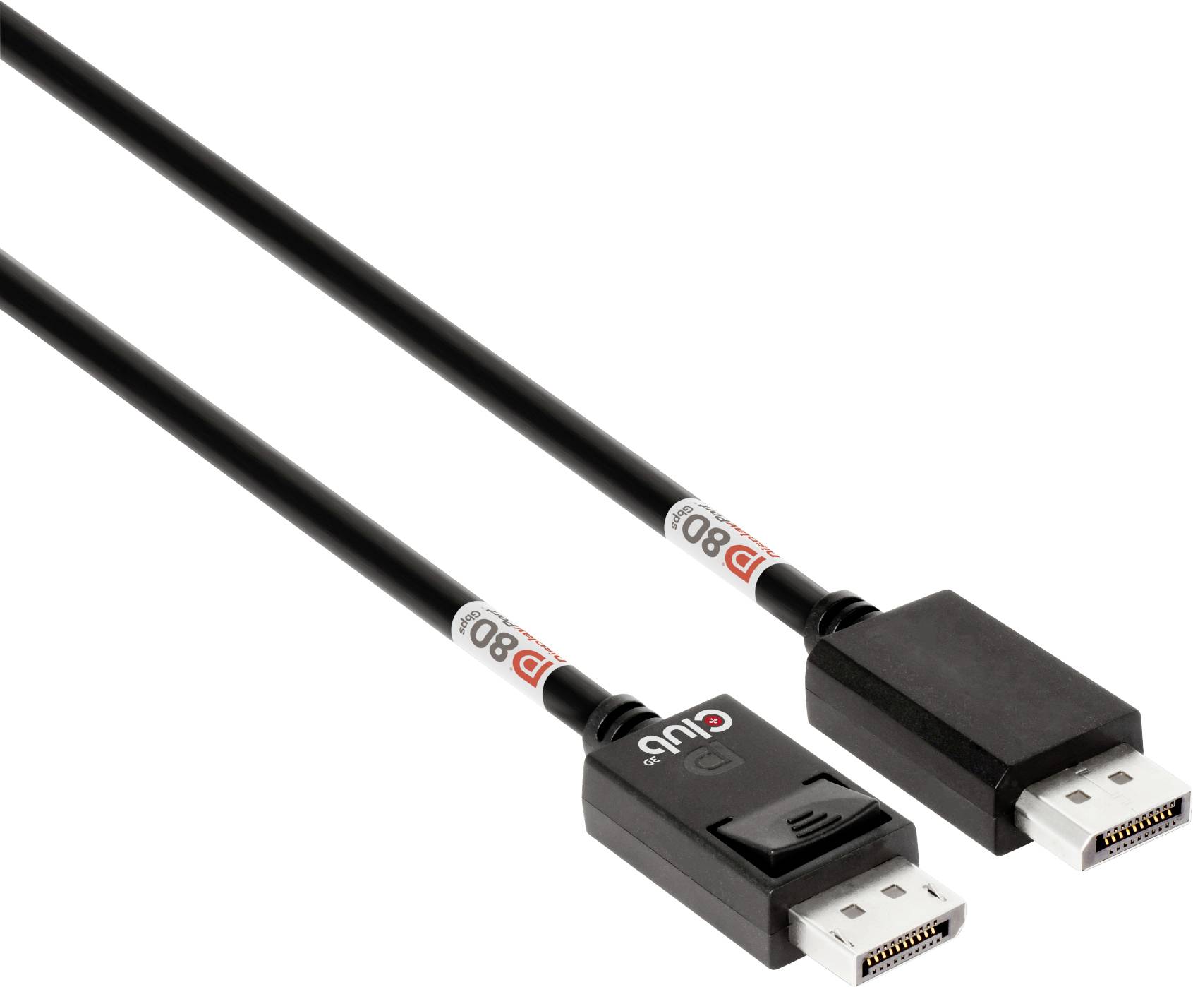Zwei schwarze DisplayPort-Kabel mit Steckern. Das linke Kabel zeigt das 'Club 3D'-Logo, geeignet für hochauflösende Videoverbindungen.