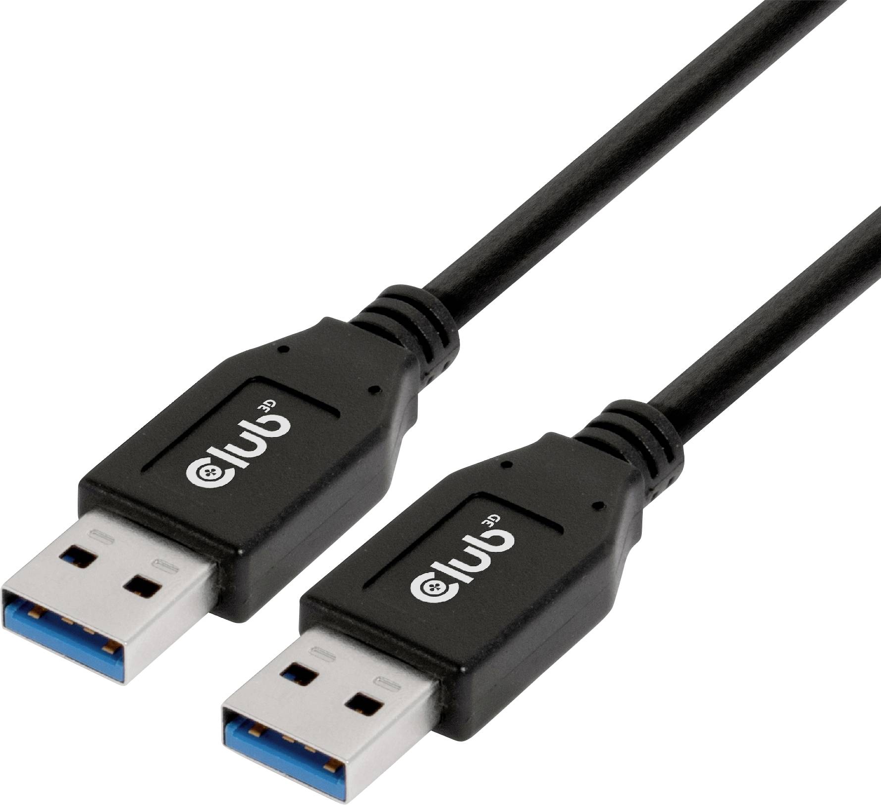 Zwei schwarze USB-3.0-Kabel mit blauen Anschlüssen, die nebeneinander liegen.