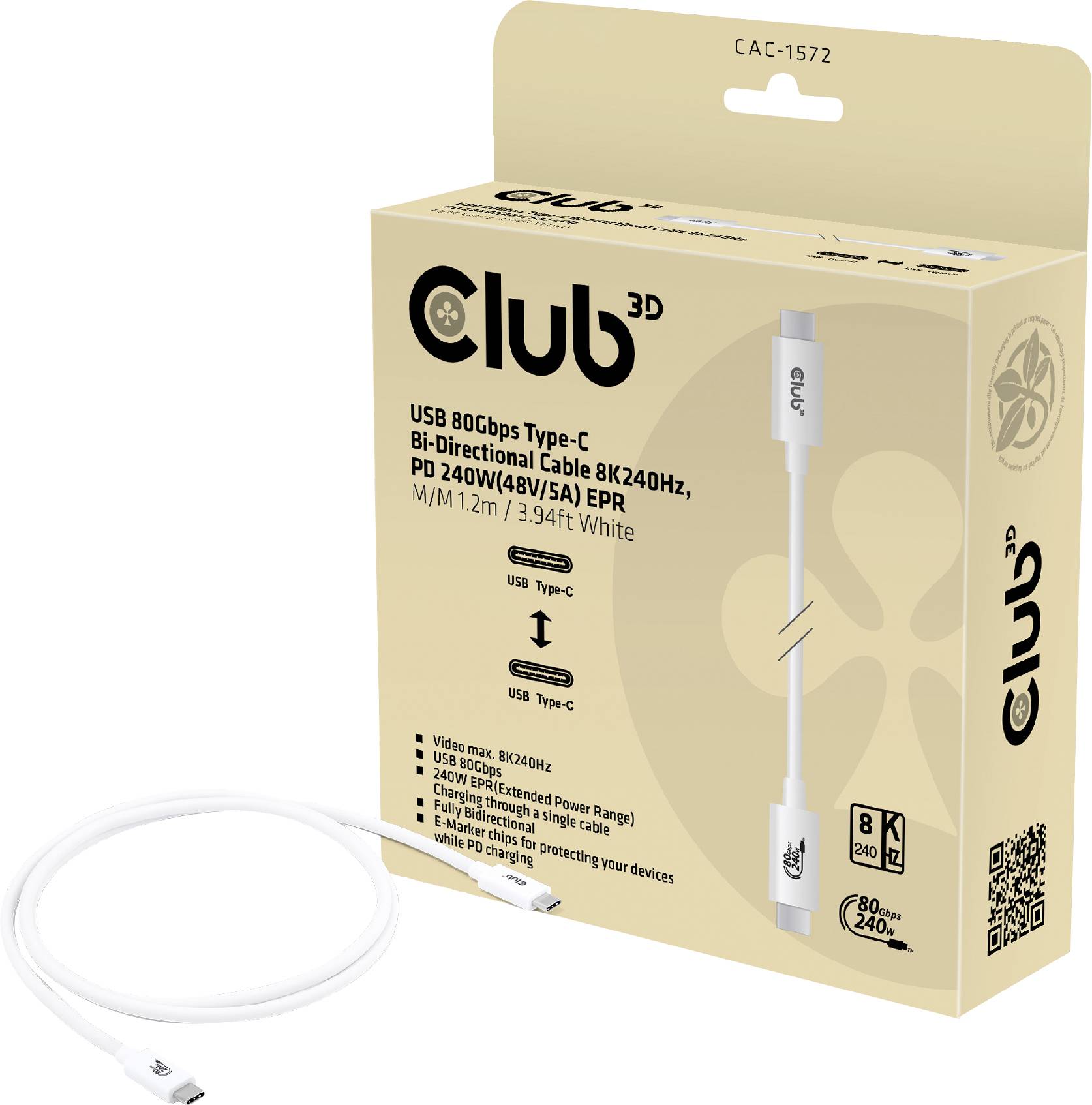 Club3D USB-C® Kabel USB4® USB-C® Stecker 1.20m Weiß CAC-1572