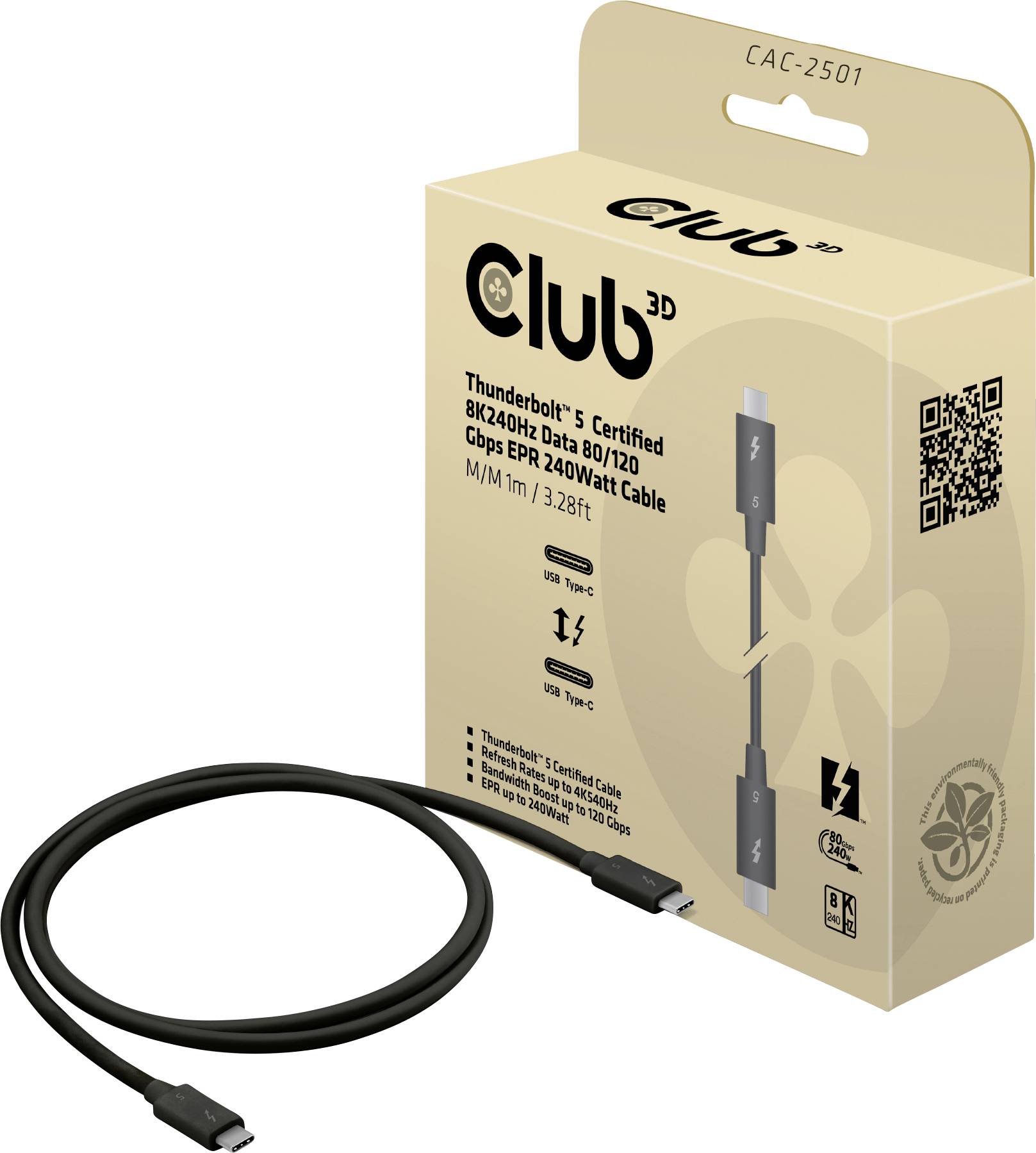 Verpackung eines Club 3D Thunderbolt 4 Kabels, 8K Unterstützung, 1 Meter Länge. Kabel links daneben, USB-C Steckverbindung sichtbar.