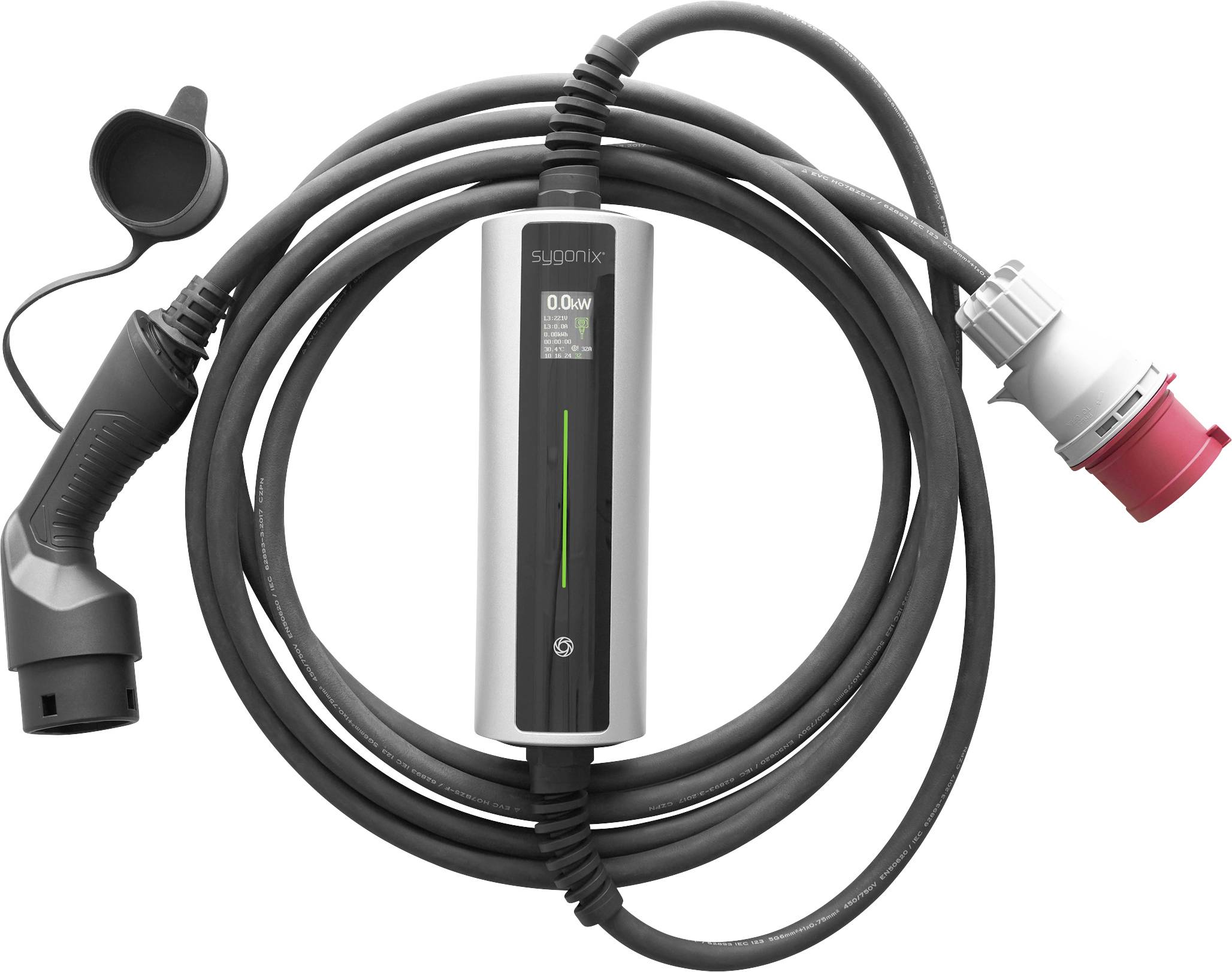 Ein mobiles Elektroauto-Ladegerät mit langem Kabel, Stecker und Anzeigeleuchte; geeignet für verschiedene Ladestationen.