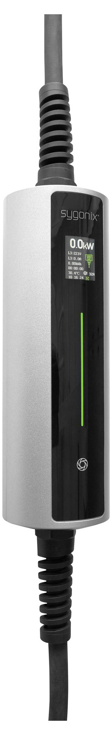 Ein silbernes Ladegerät mit einem digitalen Display, das '0,0W' und einen grünen Ladebalken zeigt. Verbindet zwei Kabel.