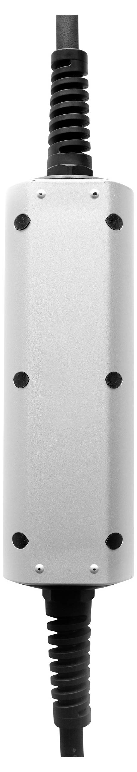 Ein silbernes, zylindrisches Gerät mit schwarzen Kabeln an beiden Enden. Es hat schwarze Schrauben entlang der Oberseite.