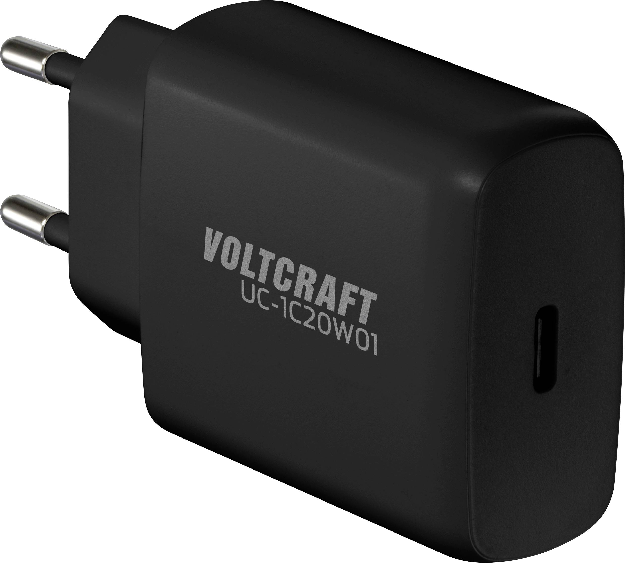 Schwarzes USB-Ladegerät mit Aufschrift 'VOLTCraft UC-1C20W01', europäischer Stecker, seitliche Ansicht.