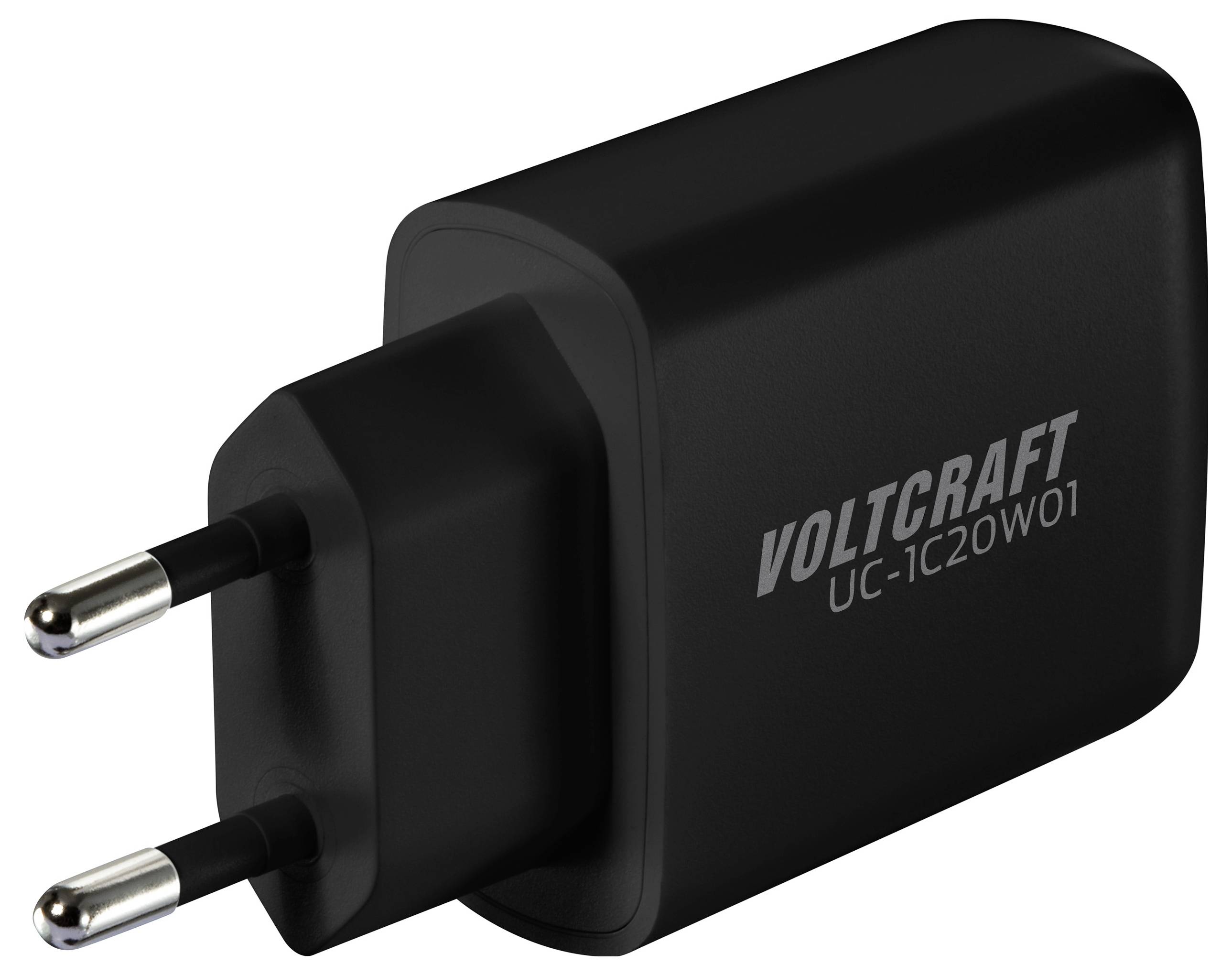 Schwarzes USB-Ladegerät mit Eurostecker, beschriftet mit 'Voltcraft UC-1C20W01', geeignet zum Laden elektronischer Geräte.