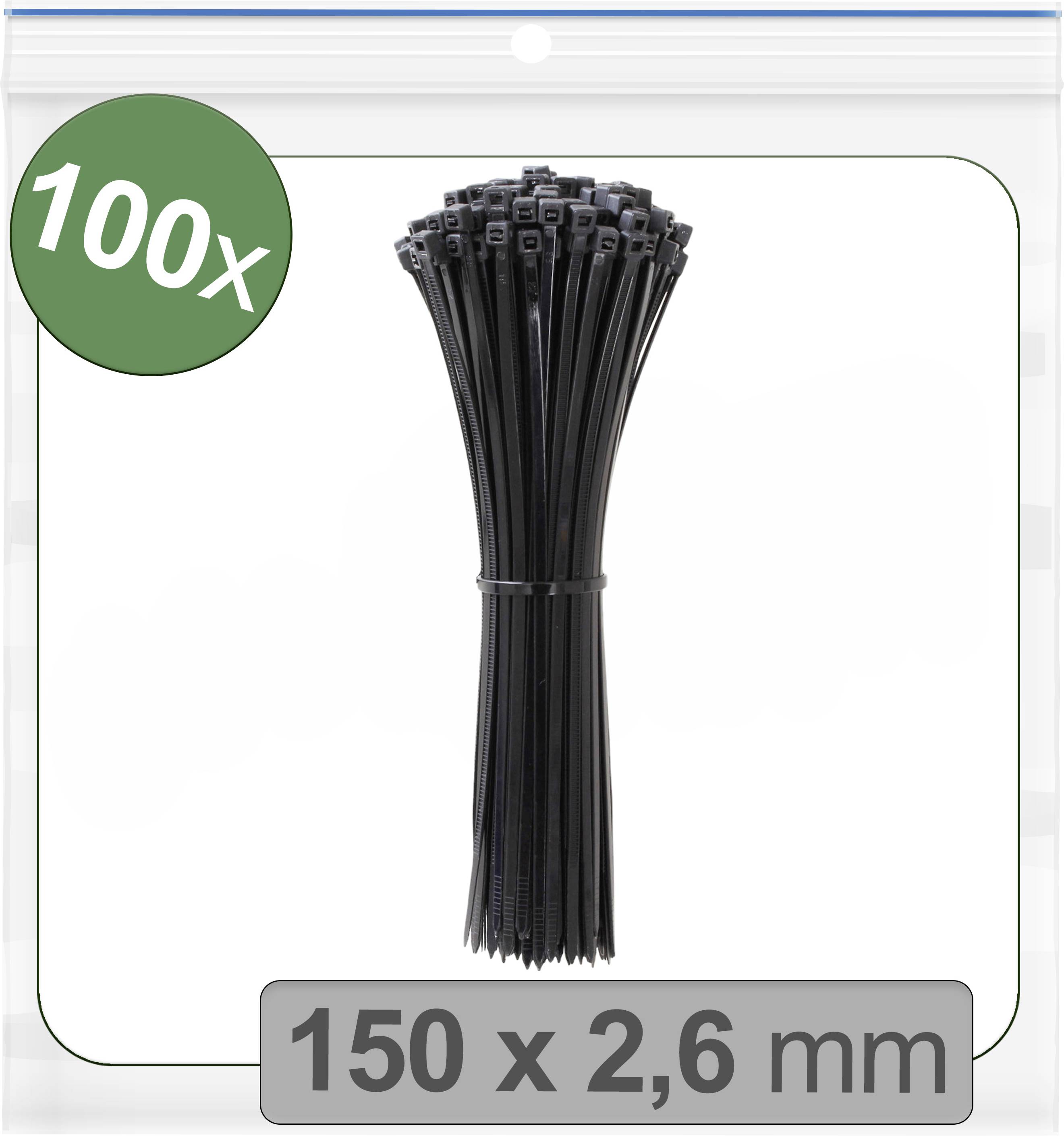 Schwarze Kabelbinder in Bündel, 100 Stück, Größe: 150 x 2,6 mm, in transparenter Verpackung mit grünem 100x-Label.