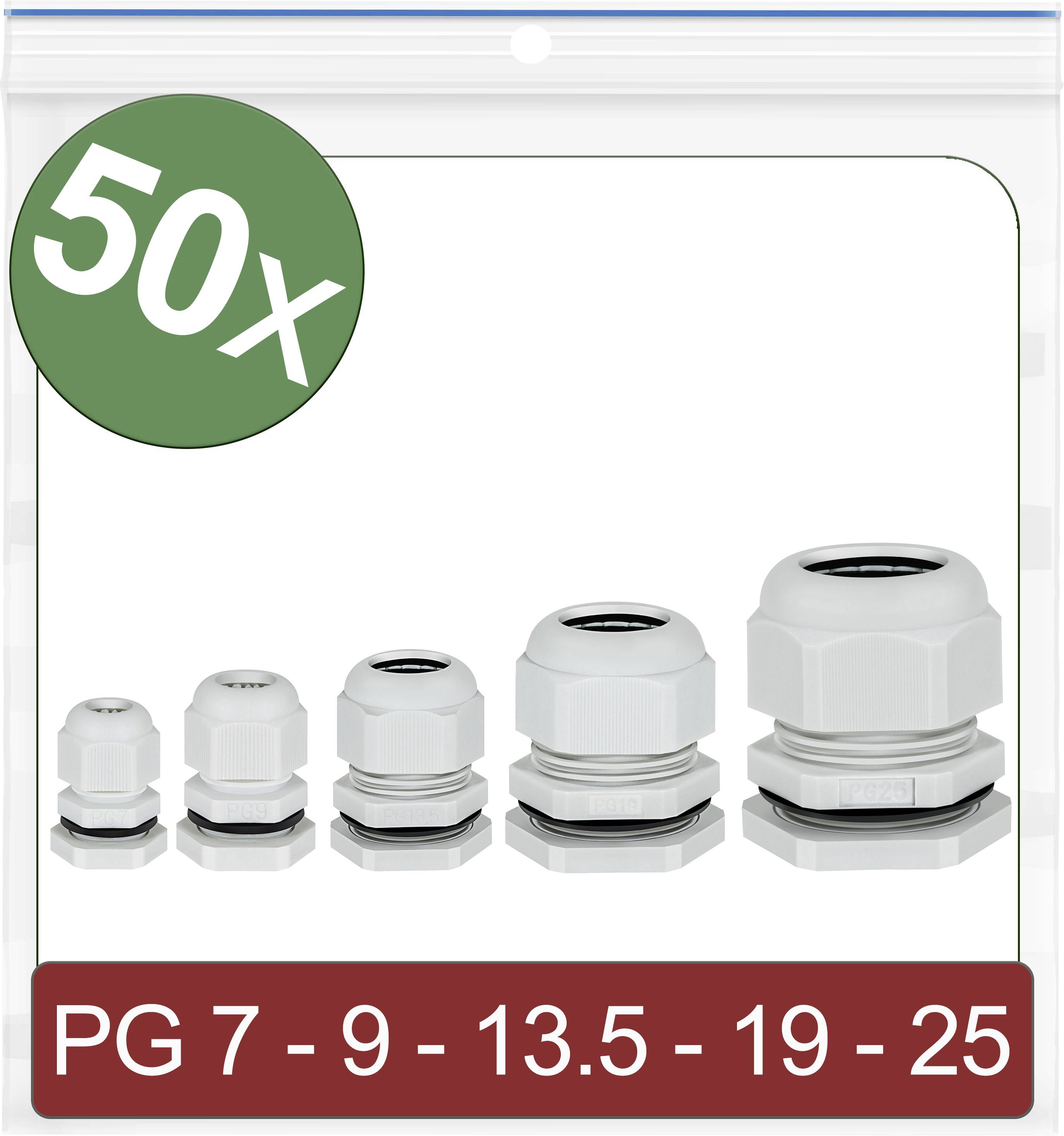 Satz von 50 Kabelverschraubungen in fünf Größen: PG 7, 9, 13.5, 19 und 25. Eignen sich zur sicheren Kabelbefestigung.