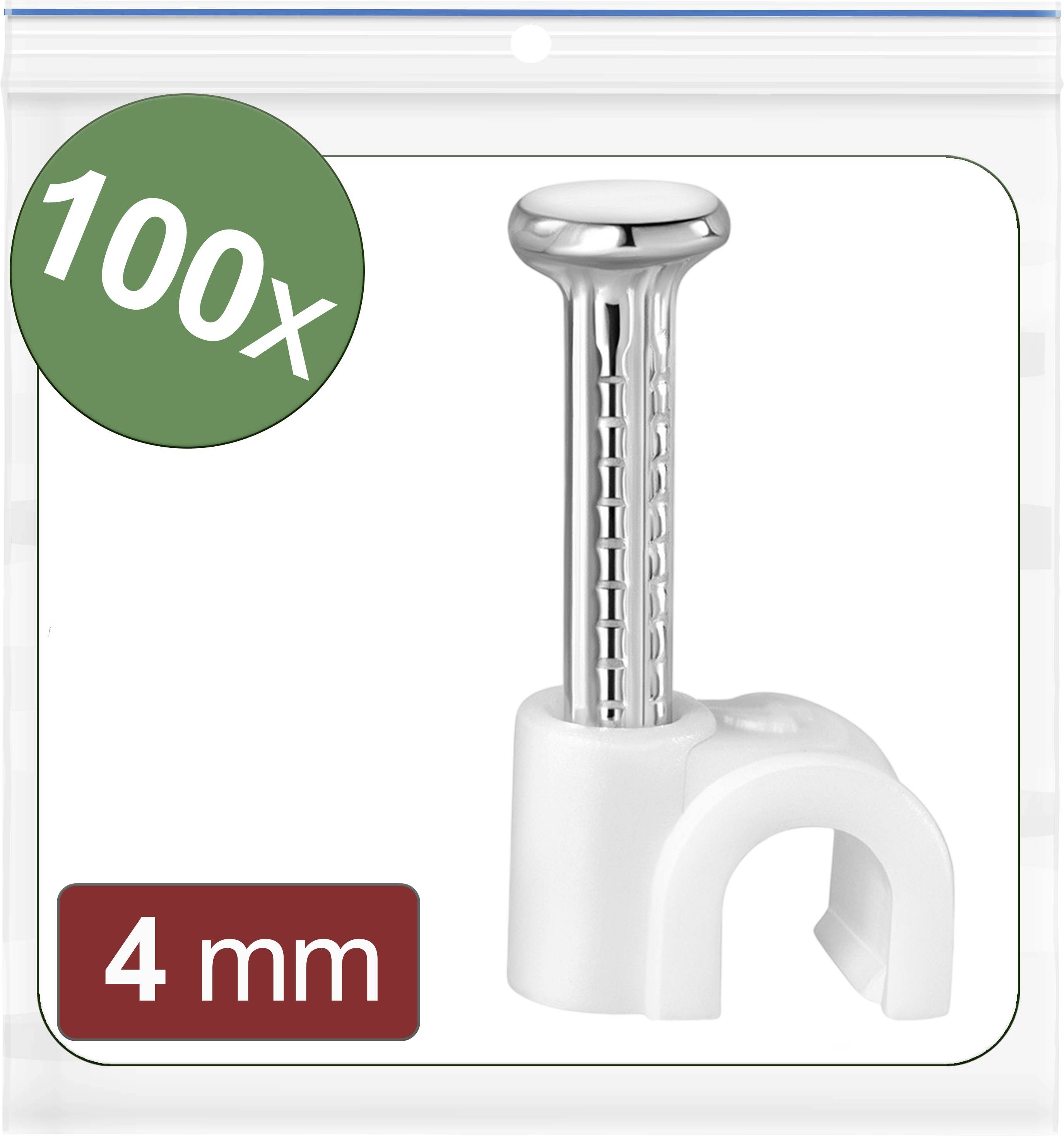 Plastikkabelclip mit Nagel, verpackt in einer transparenten Plastiktüte. Aufdruck: '100x' in einem grünen Kreis, '4 mm' in einem roten Rechteck.