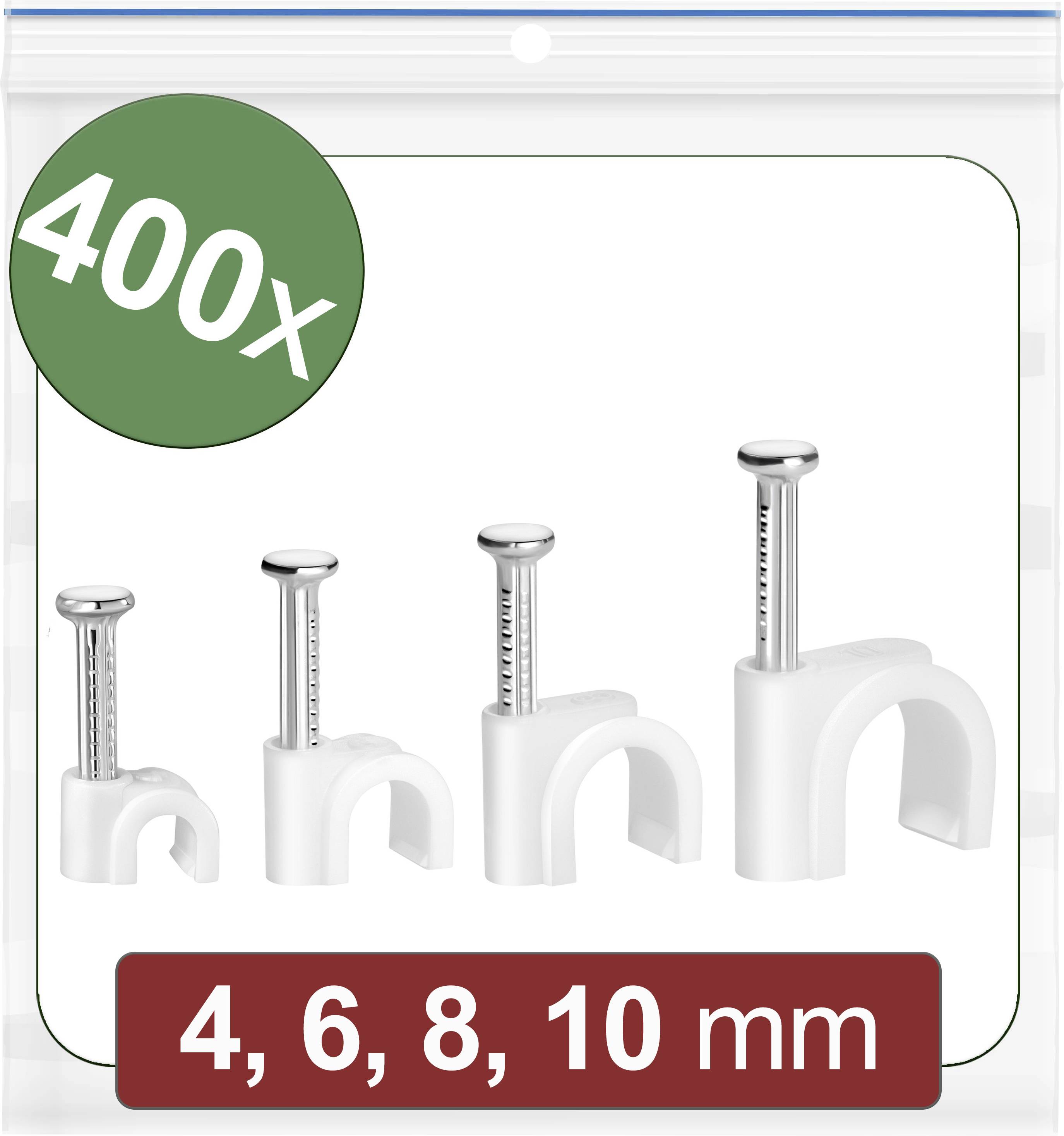 Beutel mit 400 Kabelschellen in verschiedenen Größen: 4, 6, 8, 10 mm. Enthält Metallnägel zur Befestigung von Kabeln.