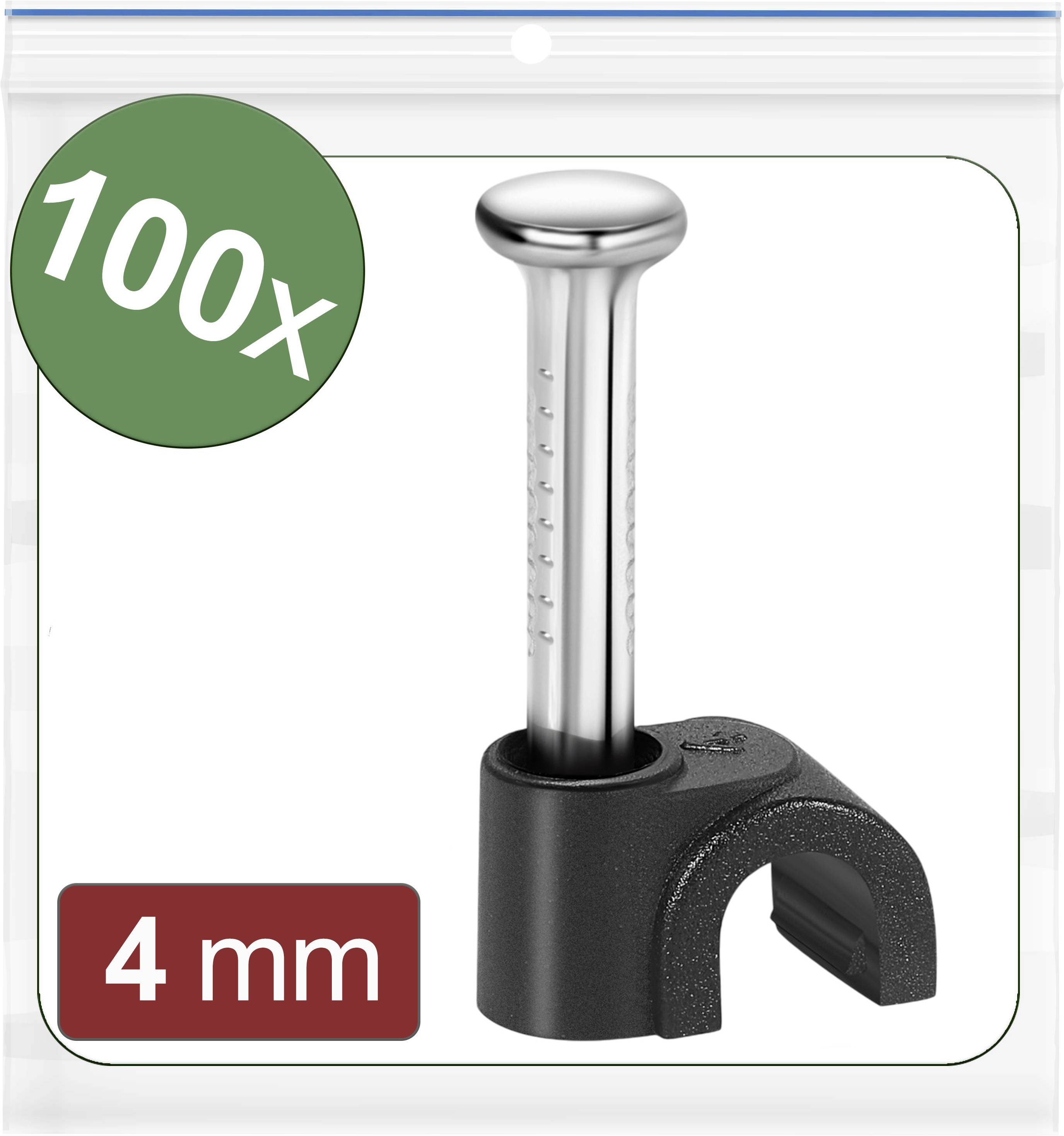 100 Kabelklemmen in einer Packung; Stiftdurchmesser 4 mm. Silberner Stift und schwarzer Clip auf weißem Hintergrund.