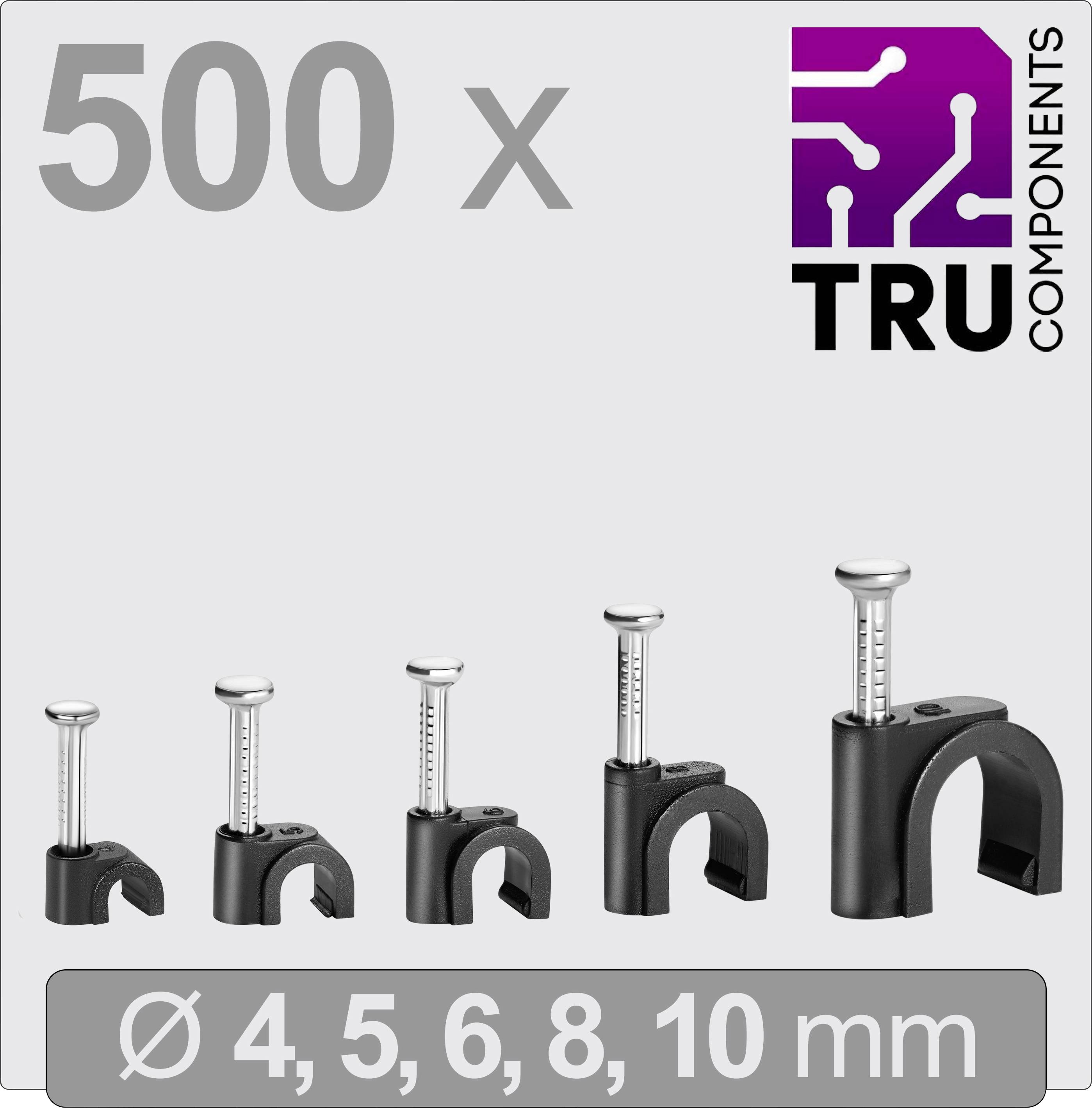 500 Kabelhalter in verschiedenen Größen (4, 5, 6, 8, 10 mm) von TRU Components, dargestellt auf grauem Hintergrund mit Logo.