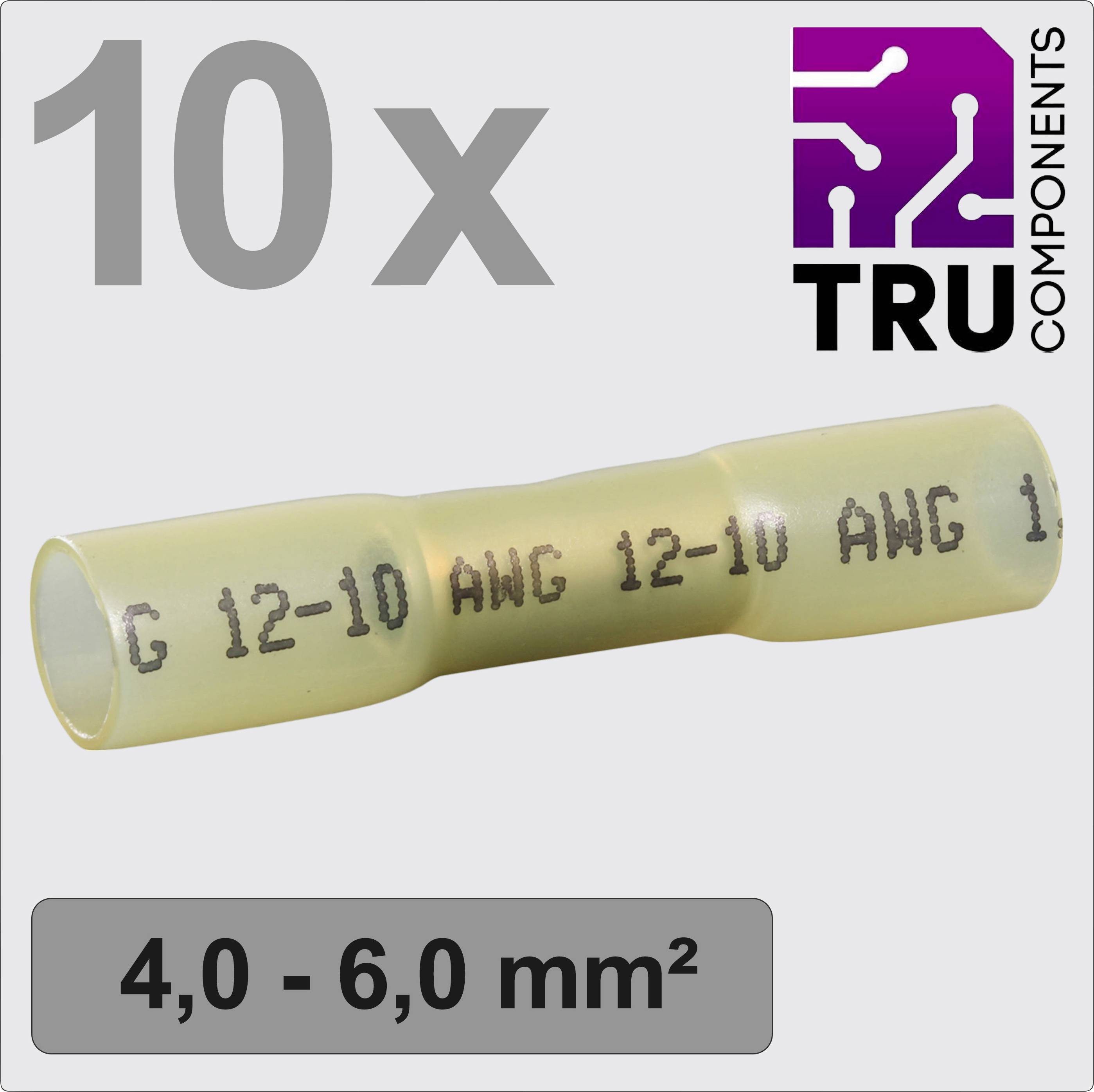 '10x TRU Components Kabelverbinder, 4,0-6,0 mm², gelb, AWG 12-10' in schwarzer Schrift auf grauem Hintergrund.