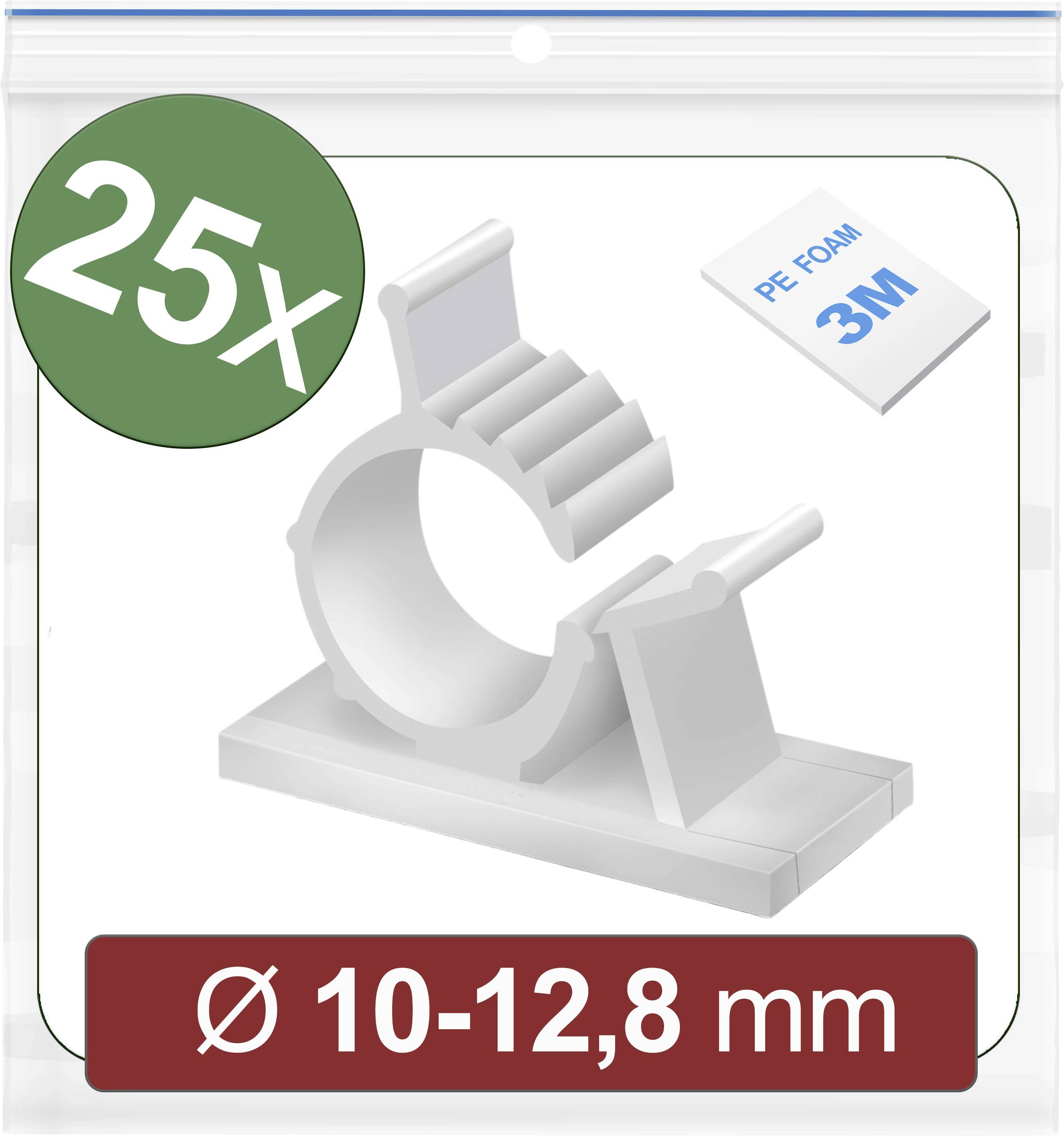 25 weiße Kabelhalterungen im Beutel, passende Größe 10-12,8 mm, mit 3M PE-Schaumklebepads.