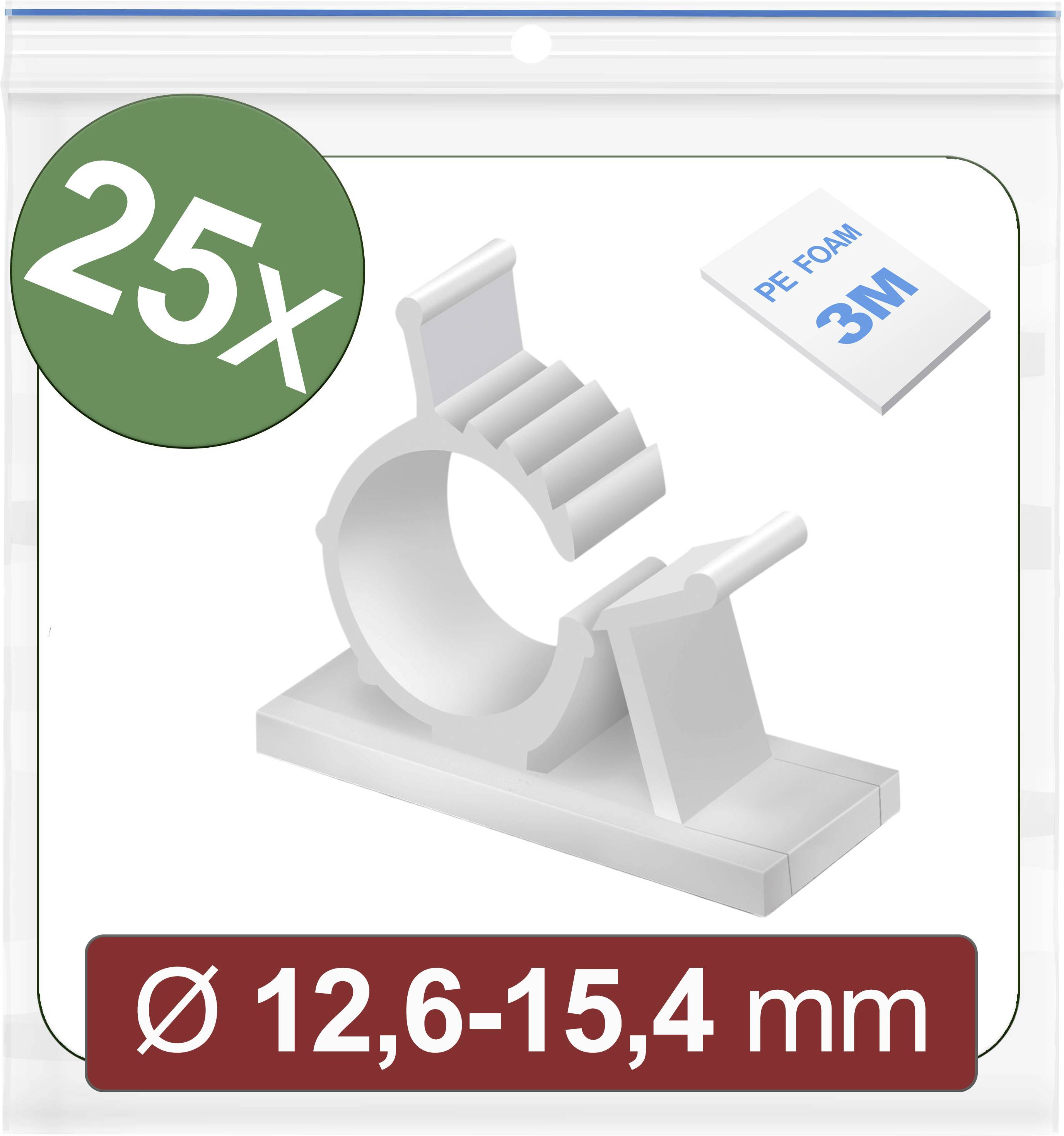 25 Kabelhalterungen mit Klebefläche, geeignet für Kabeldurchmesser von 12,6 bis 15,4 mm. Enthält 3M PE Foam Pads. Verpackungsabbildung.