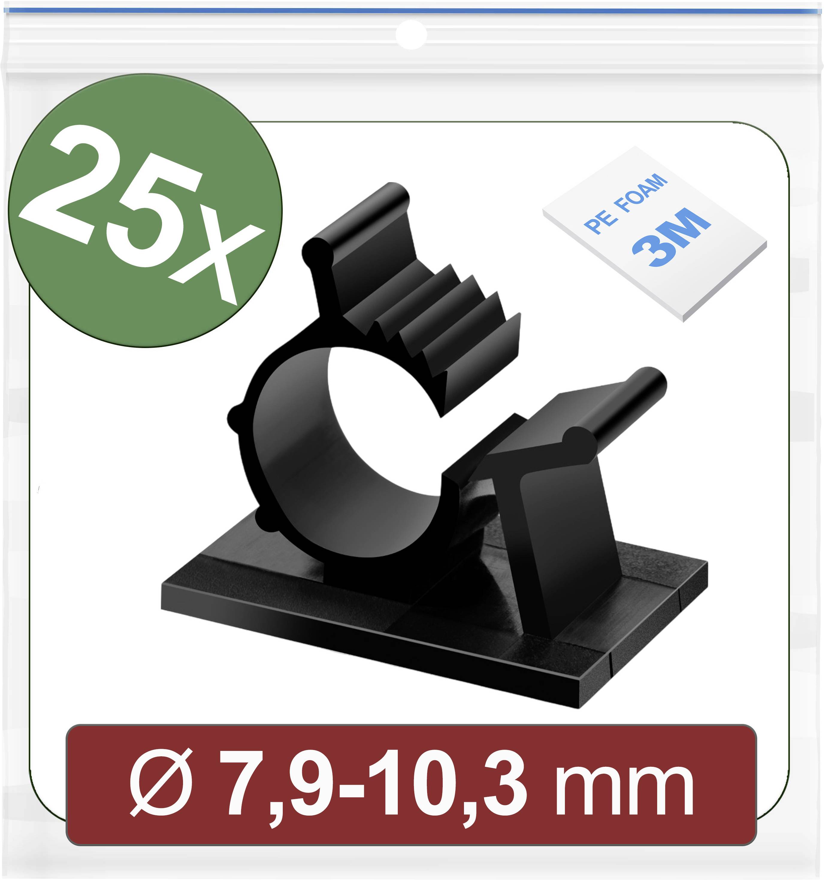 Kunststoff-Rohrschelle in Schwarz, geeignet für Rohre mit 7,9-10,3 mm Durchmesser, in einem Set mit 25 Stück, inkl. 3M Klebepads.