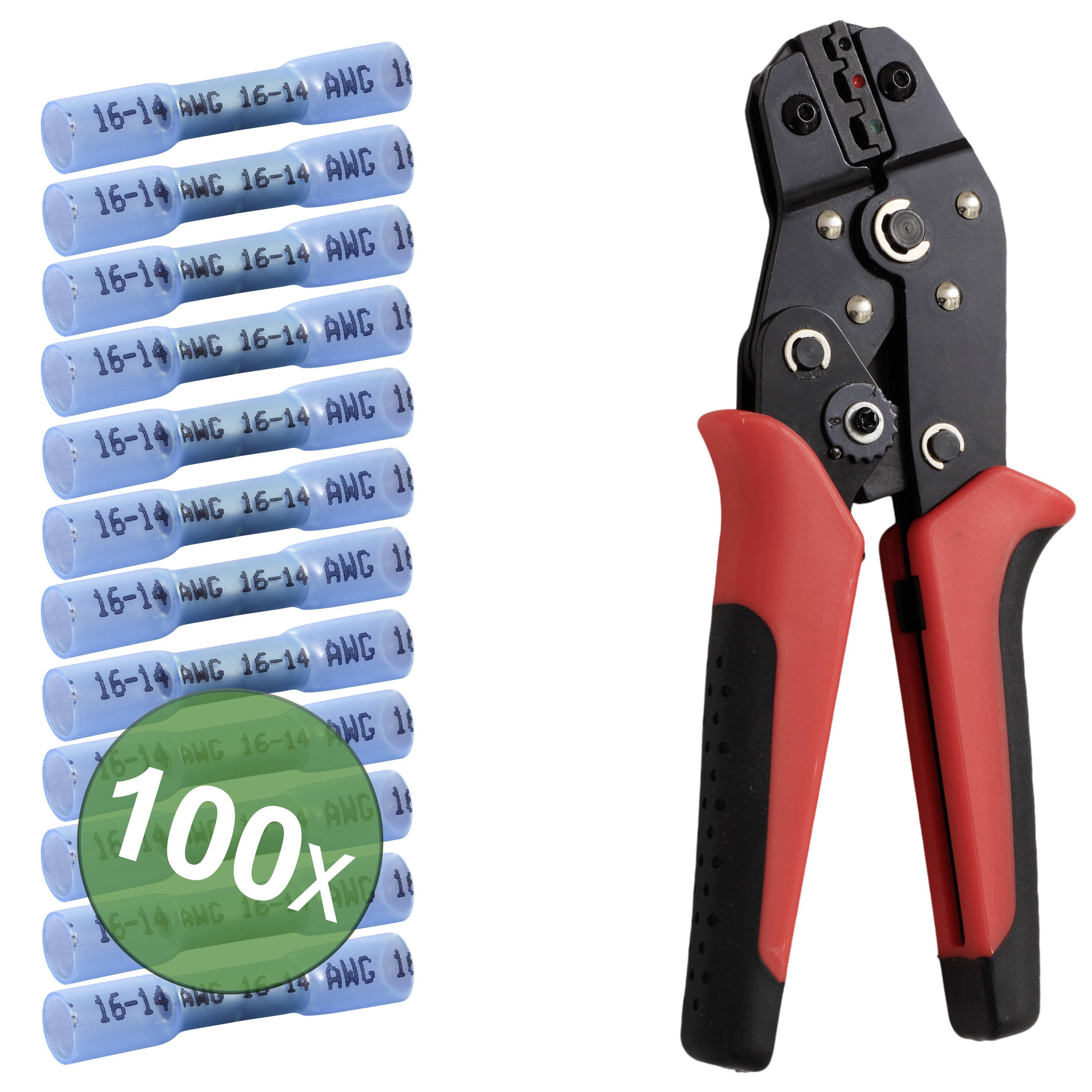 Crimpzange mit rotem Griff und einem Set blauer Kabelverbinder '16-14 AWG', 100er Pack.