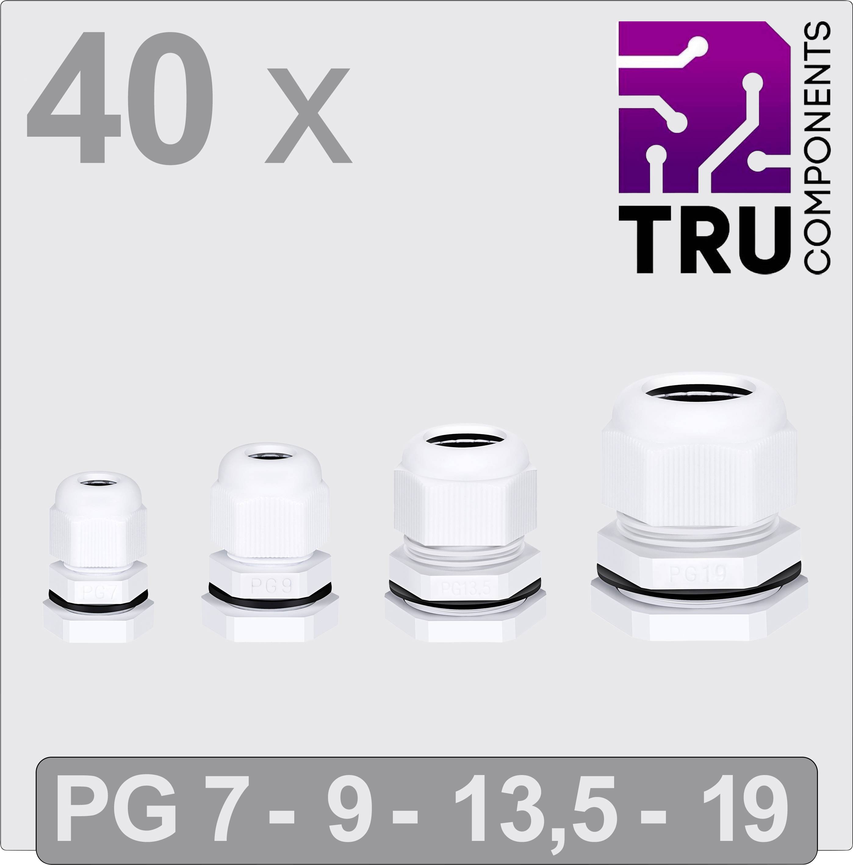 '40 x TRU COMPONENTS PG 7 - 9 - 13,5 - 19' Gehäusedurchführungen in verschiedenen Größen auf grauem Hintergrund, Logo oben rechts.