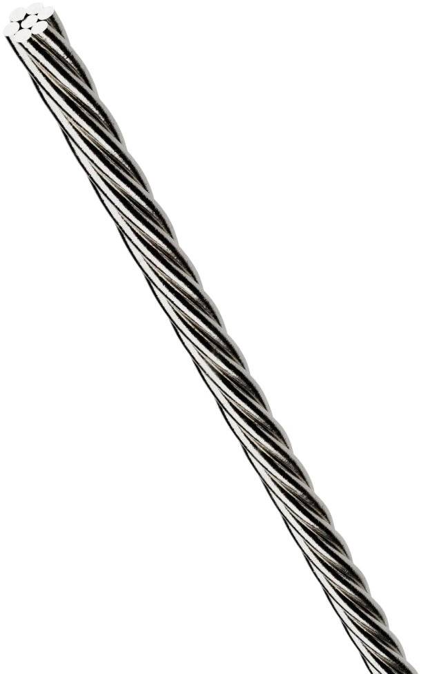 Ein gedrehtes Stahlseil, das diagonal von unten links nach oben rechts verläuft. Das Seil besteht aus mehreren ineinander verwobenen Drähten.